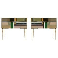 Midcentury Style Wood Colored Glass and Brass Pair of Italian Sideboards
