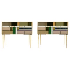 Midcentury Style Wood Colored Glass and Brass Pair of Italian Sideboards