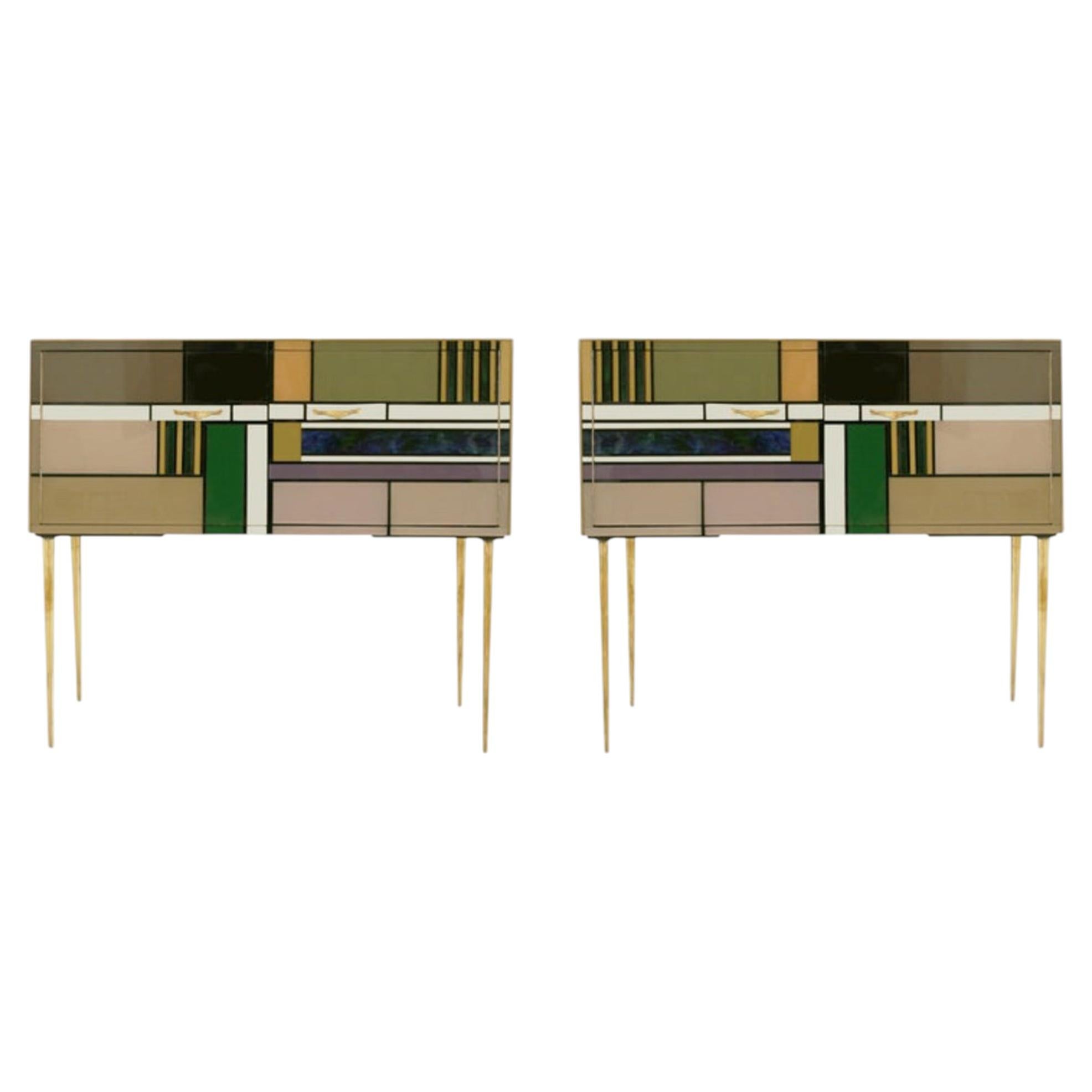 Coppia di credenze italiane in stile Midcentury in Wood, vetro colorato e ottone