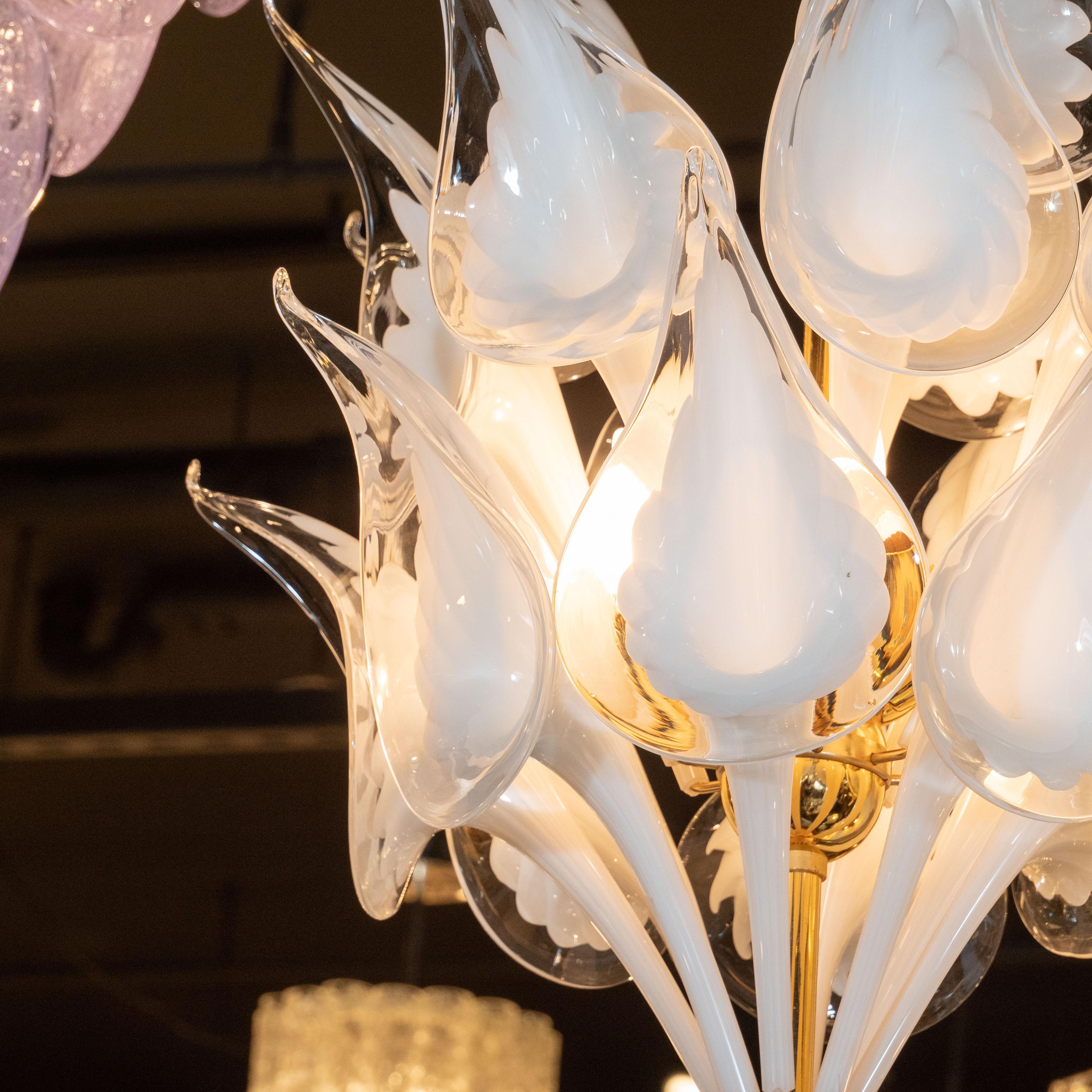 Midcentury Stylized Cala Lily Chandelier in Brass and Hand Blown Murano Glass 4