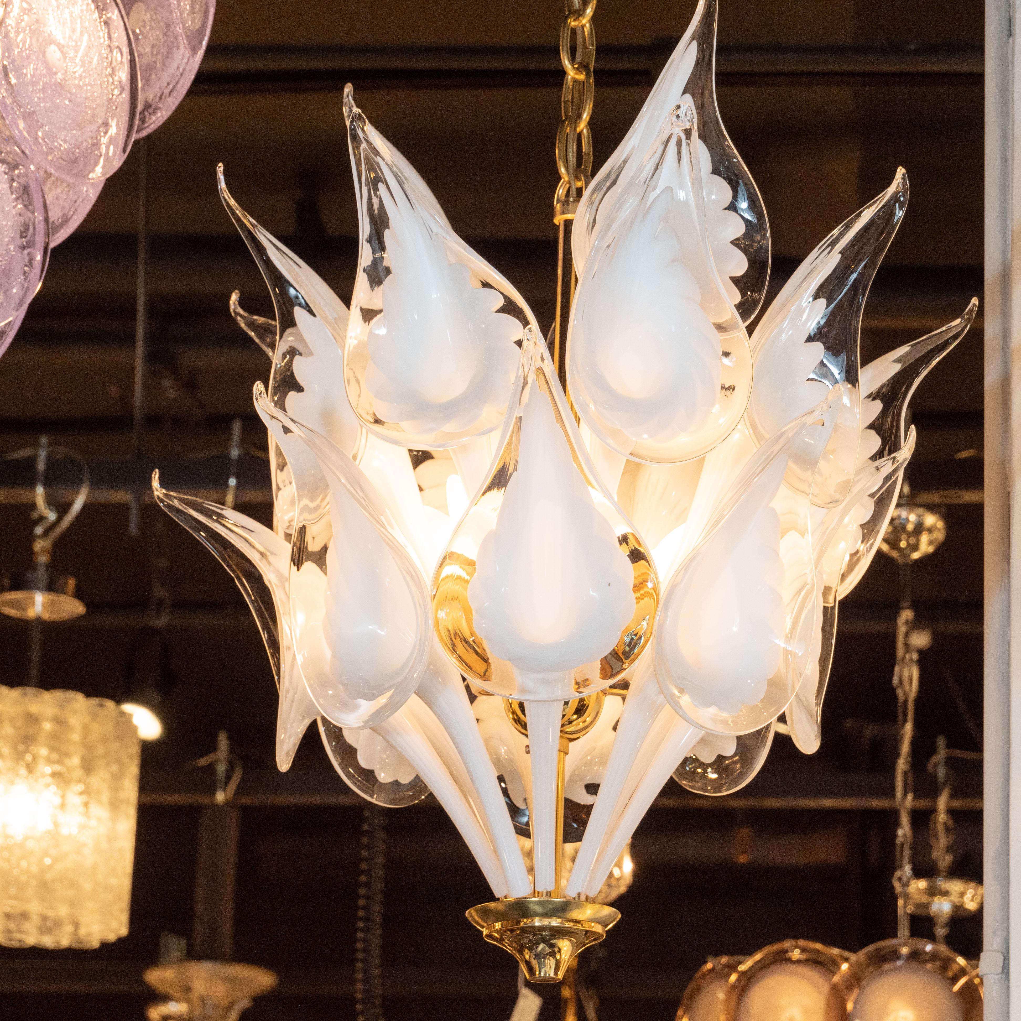Mid-Century Modern Midcentury Stylized Cala Lily Chandelier in Brass and Hand Blown Murano Glass