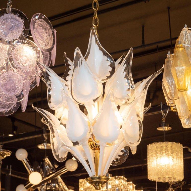 European Midcentury Stylized Cala Lily Chandelier in Brass and Hand Blown Murano Glass For Sale