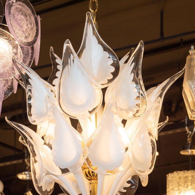 Midcentury Stylized Cala Lily Chandelier in Brass and Hand Blown Murano Glass In Excellent Condition For Sale In New York, NY