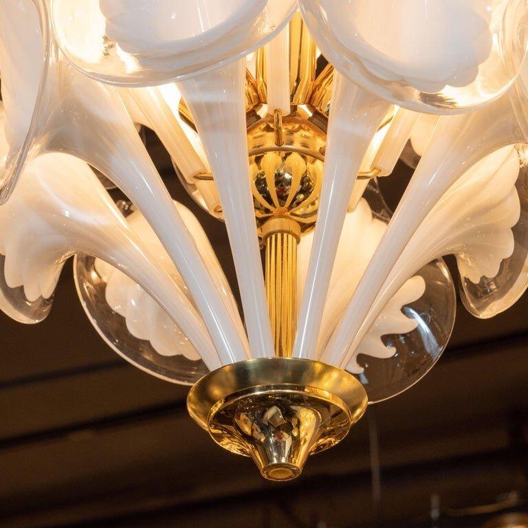 Midcentury Stylized Cala Lily Chandelier in Brass and Hand Blown Murano Glass For Sale 1