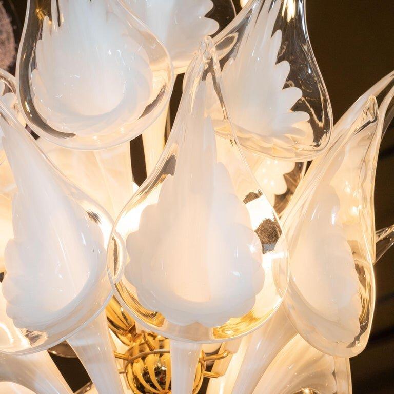 Midcentury Stylized Cala Lily Chandelier in Brass and Hand Blown Murano Glass For Sale 3