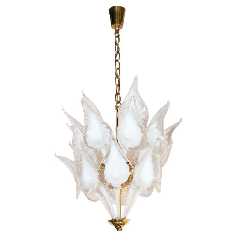 Midcentury Stylized Cala Lily Chandelier in Brass and Hand Blown Murano Glass For Sale