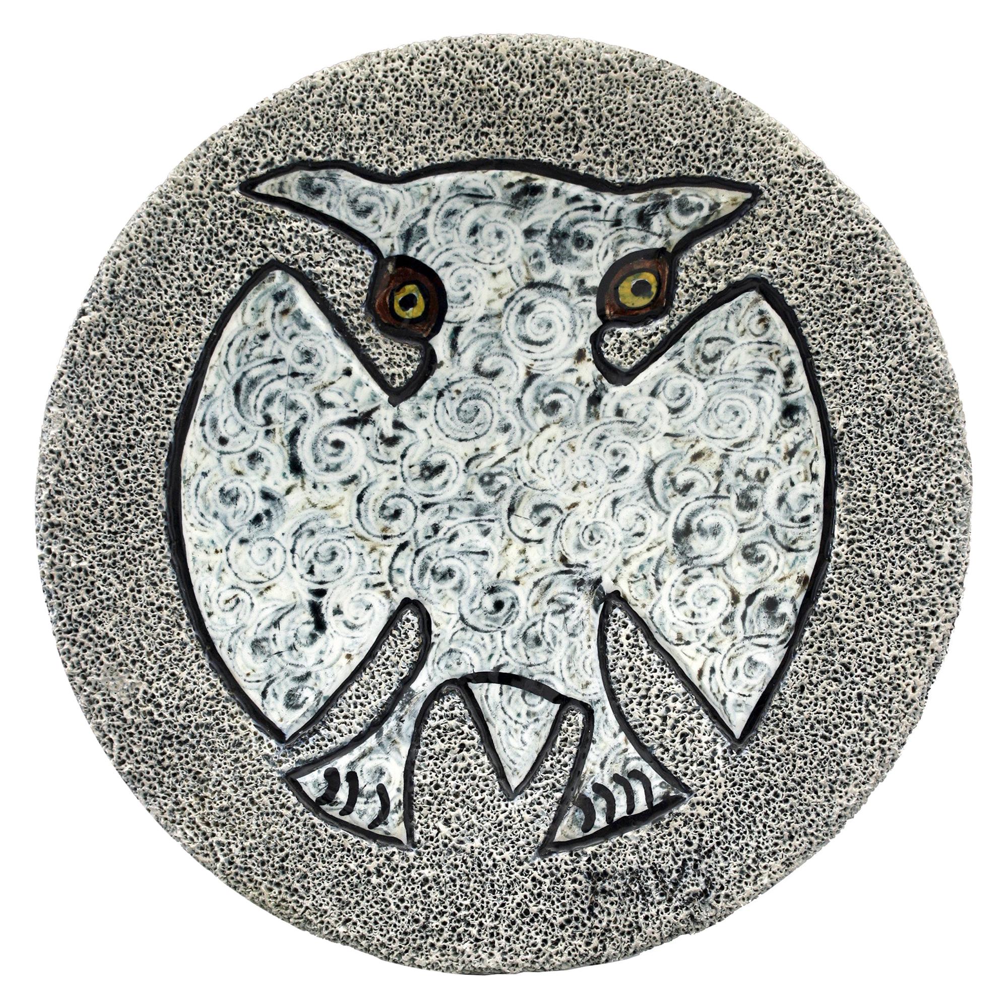 Midcentury Stylized Owl Pottery Lava Glazed Wall Plaque Signed FAVS