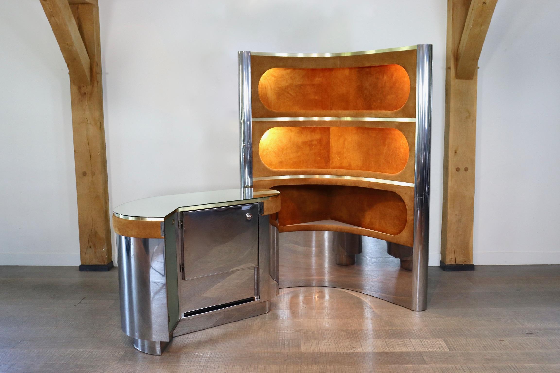 Midcentury Suede and Chrome Bar by Willy Rizzo, 1970s 2