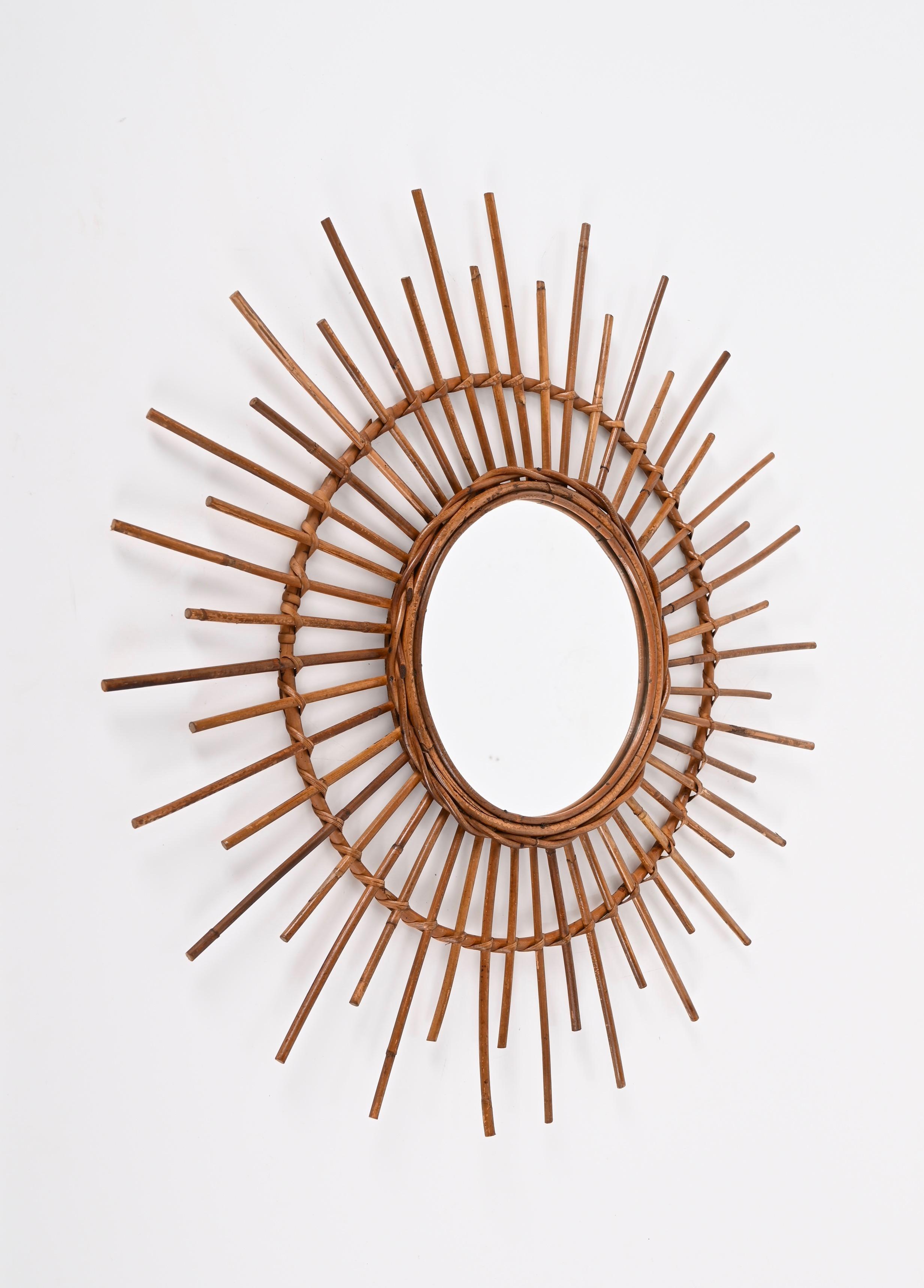 Midcentury Sun-Shaped Rattan and Bamboo Italian Round Mirror, 1950s 5