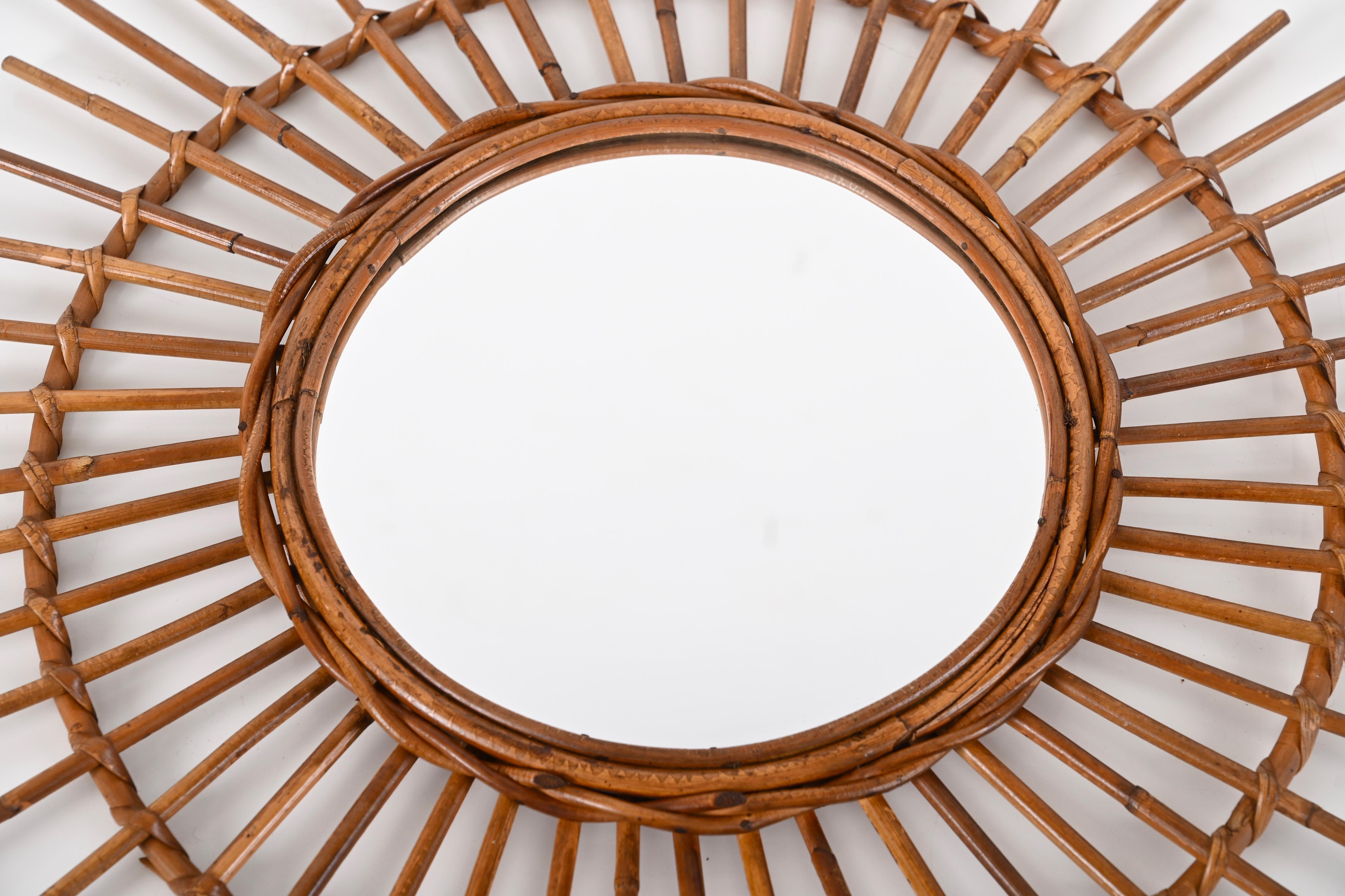 Midcentury Sun-Shaped Rattan and Bamboo Italian Round Mirror, 1950s 7