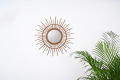 Midcentury Sun-Shaped Rattan and Bamboo Italian Round Mirror, 1950s