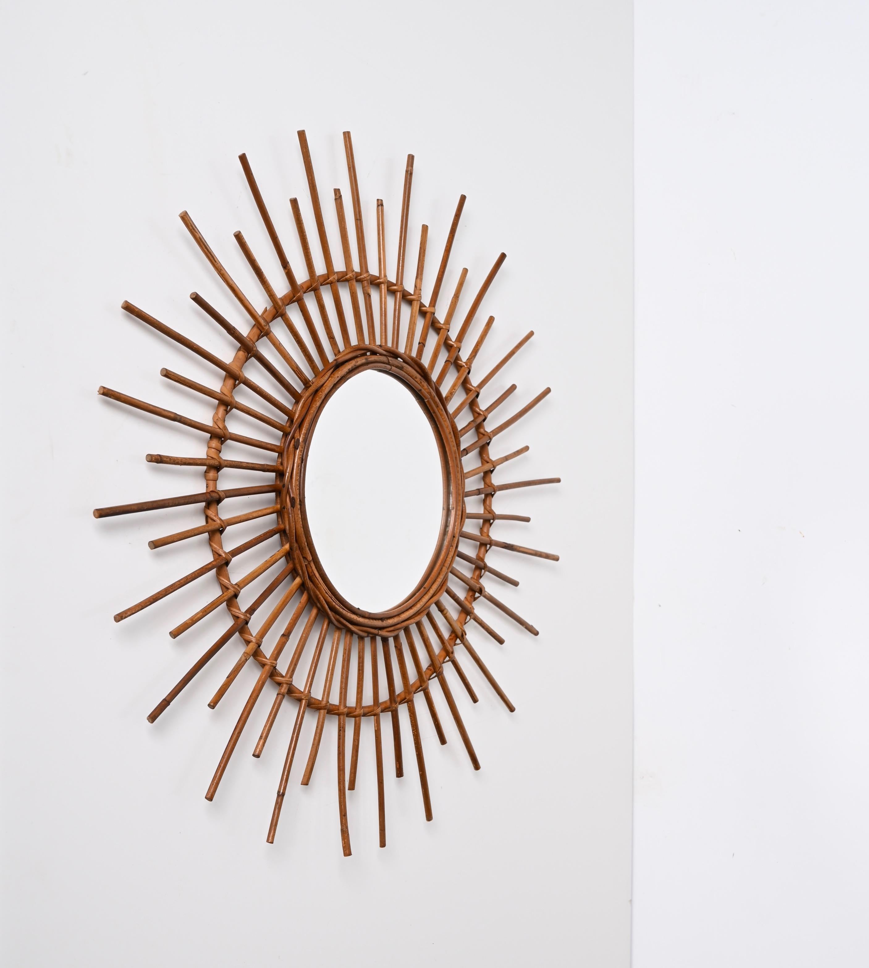 Hand-Woven Midcentury Sun-Shaped Rattan and Bamboo Italian Round Mirror, 1950s