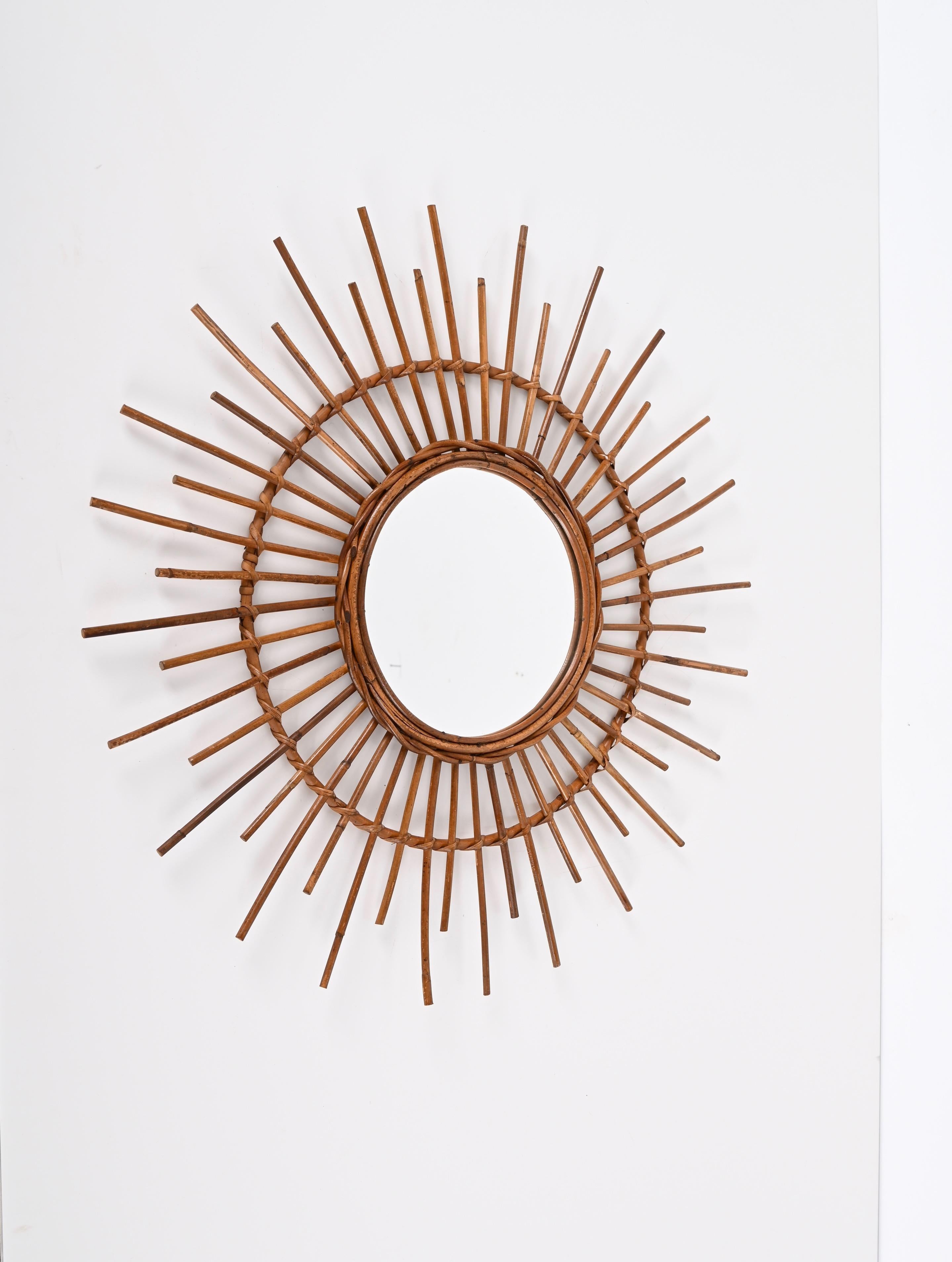 Mid-20th Century Midcentury Sun-Shaped Rattan and Bamboo Italian Round Mirror, 1950s