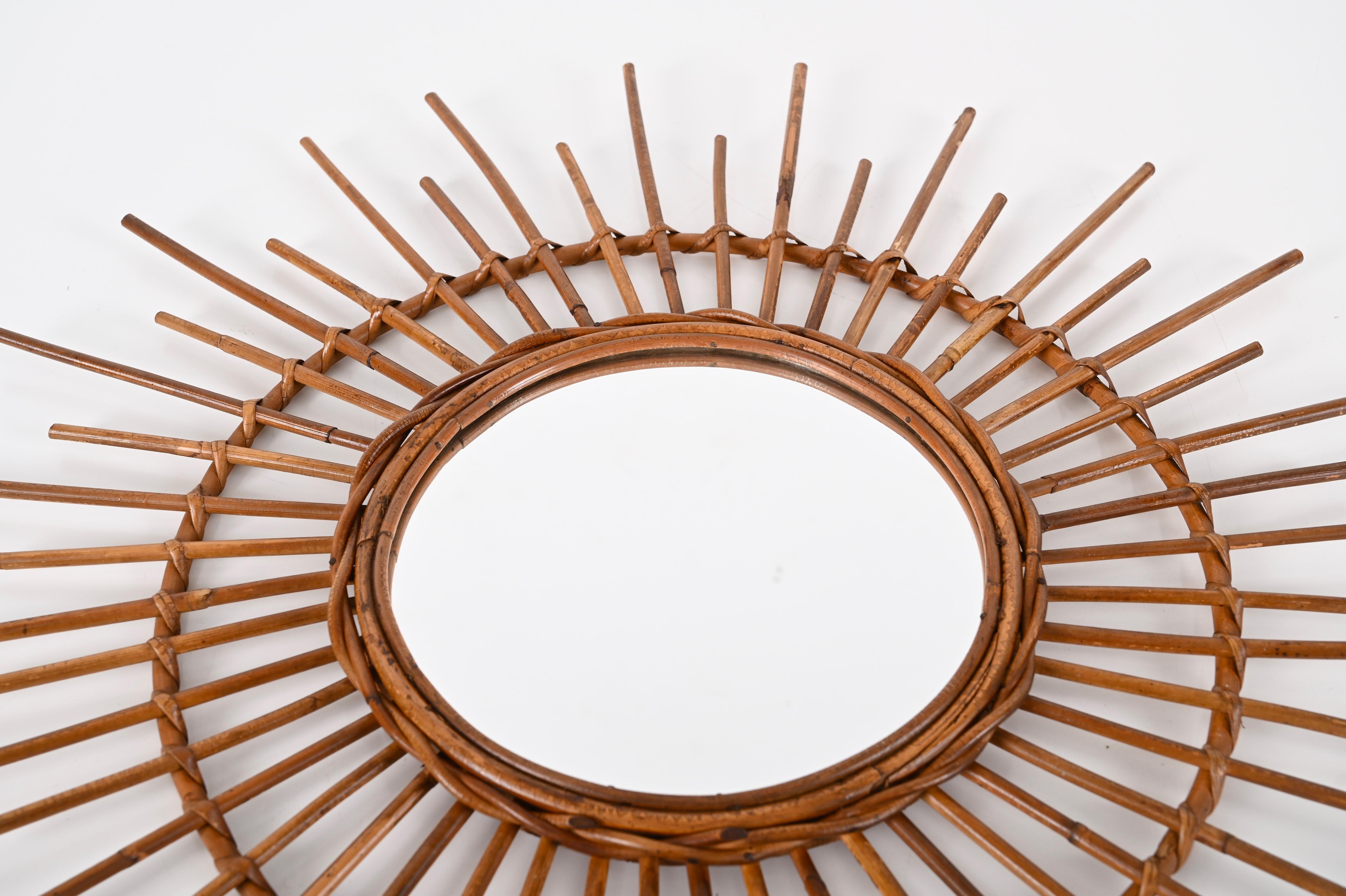 Midcentury Sun-Shaped Rattan and Bamboo Italian Round Mirror, 1950s 1