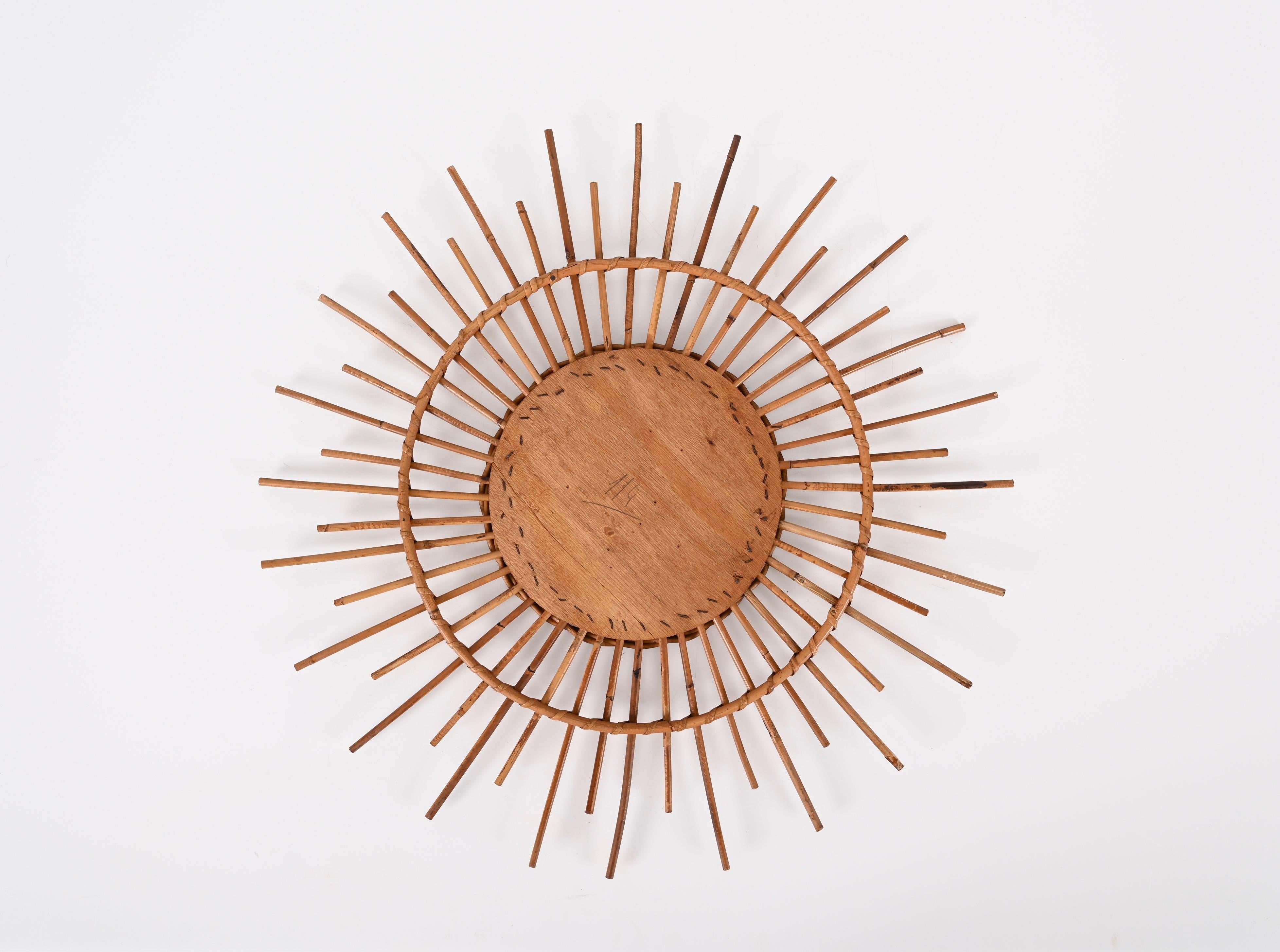 Midcentury Sun-Shaped Rattan and Bamboo Italian Round Mirror, 1950s 2