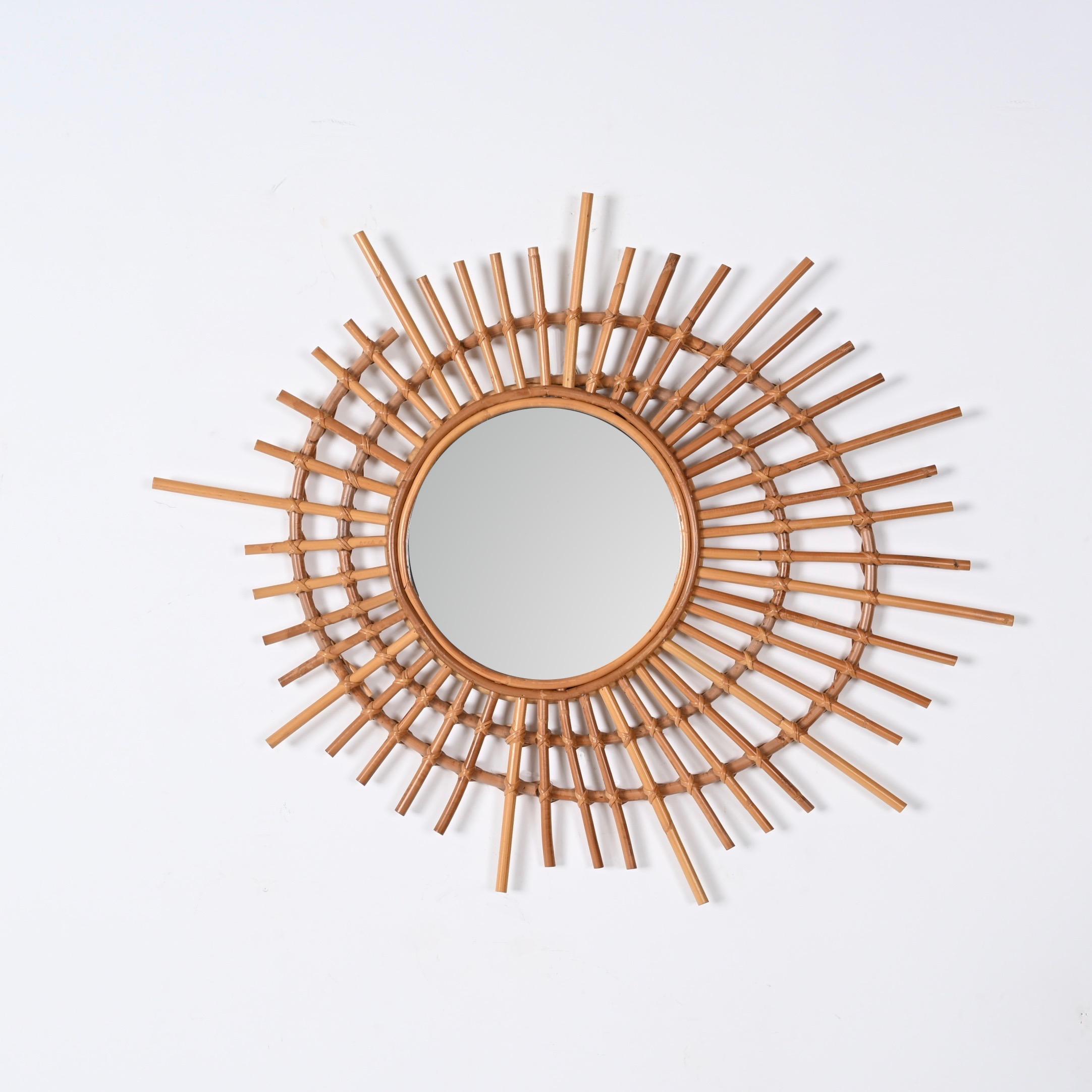 Midcentury Sun-Shaped Rattan and Bamboo Italian Round Mirror, 1970s 4