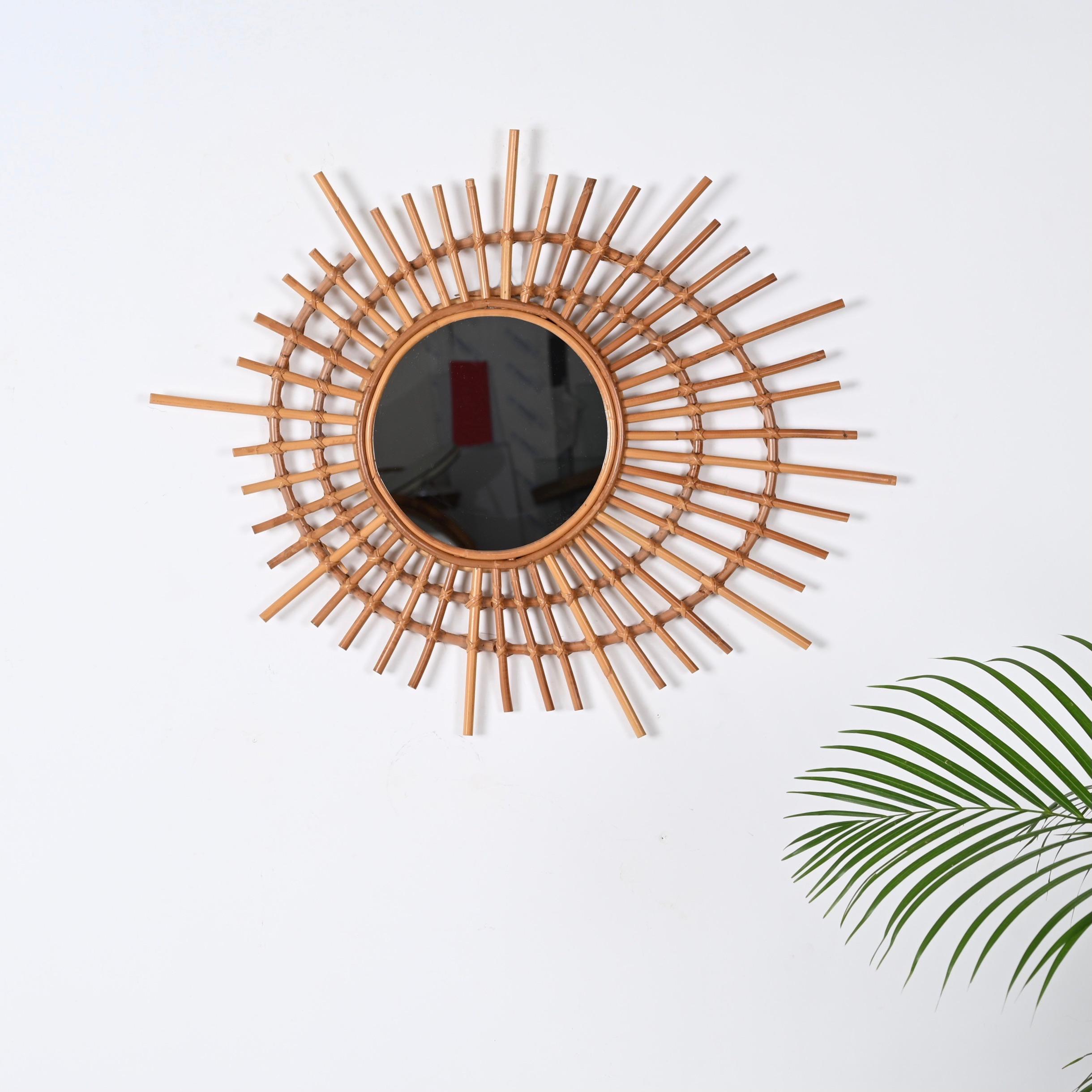 Mid-Century Modern Midcentury Sun-Shaped Rattan and Bamboo Italian Round Mirror, 1970s