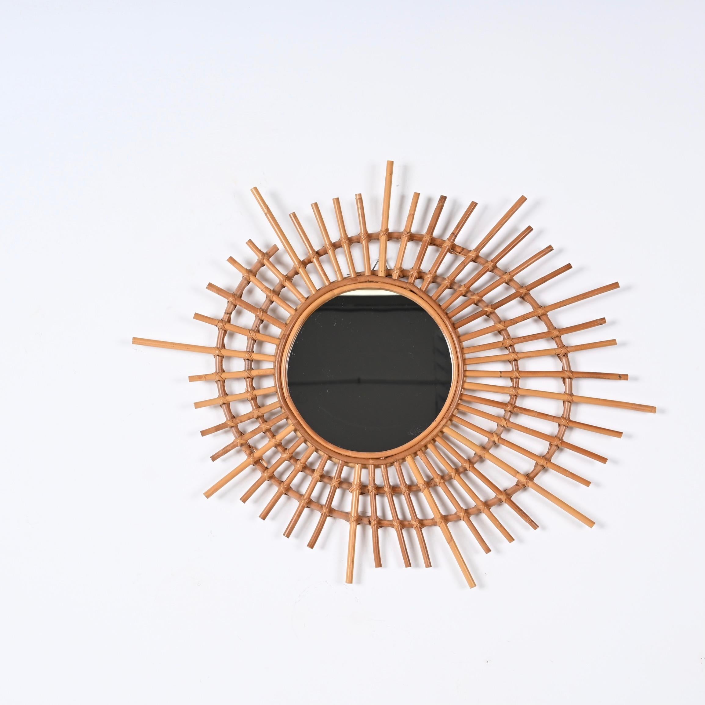 Hand-Woven Midcentury Sun-Shaped Rattan and Bamboo Italian Round Mirror, 1970s