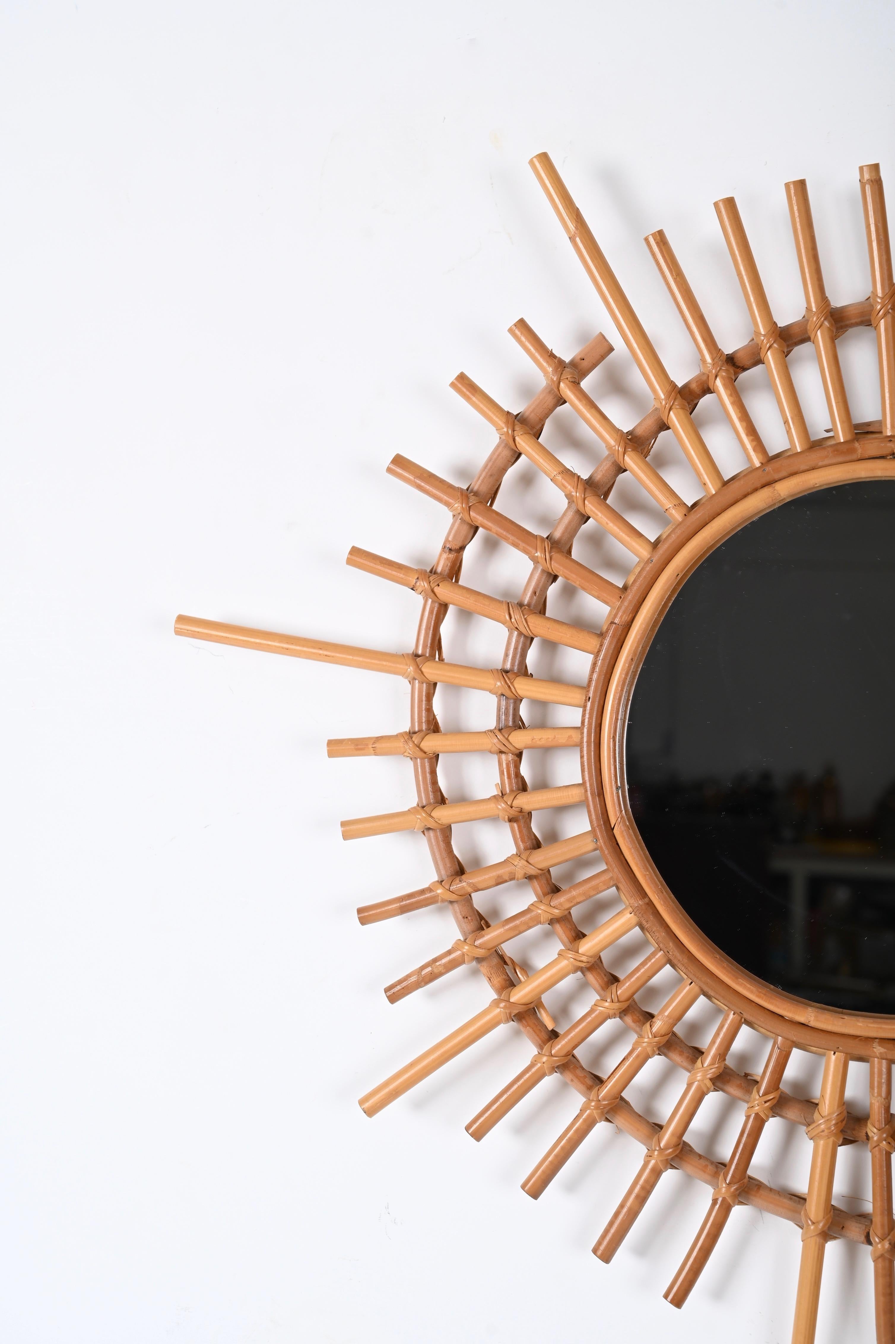 Midcentury Sun-Shaped Rattan and Bamboo Italian Round Mirror, 1970s 1
