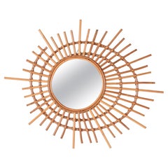 Midcentury Sun-Shaped Rattan and Bamboo Italian Round Mirror, 1970s Midcentury Sun-Shaped Rattan and Bamboo Italian Round Mirror, 1970s