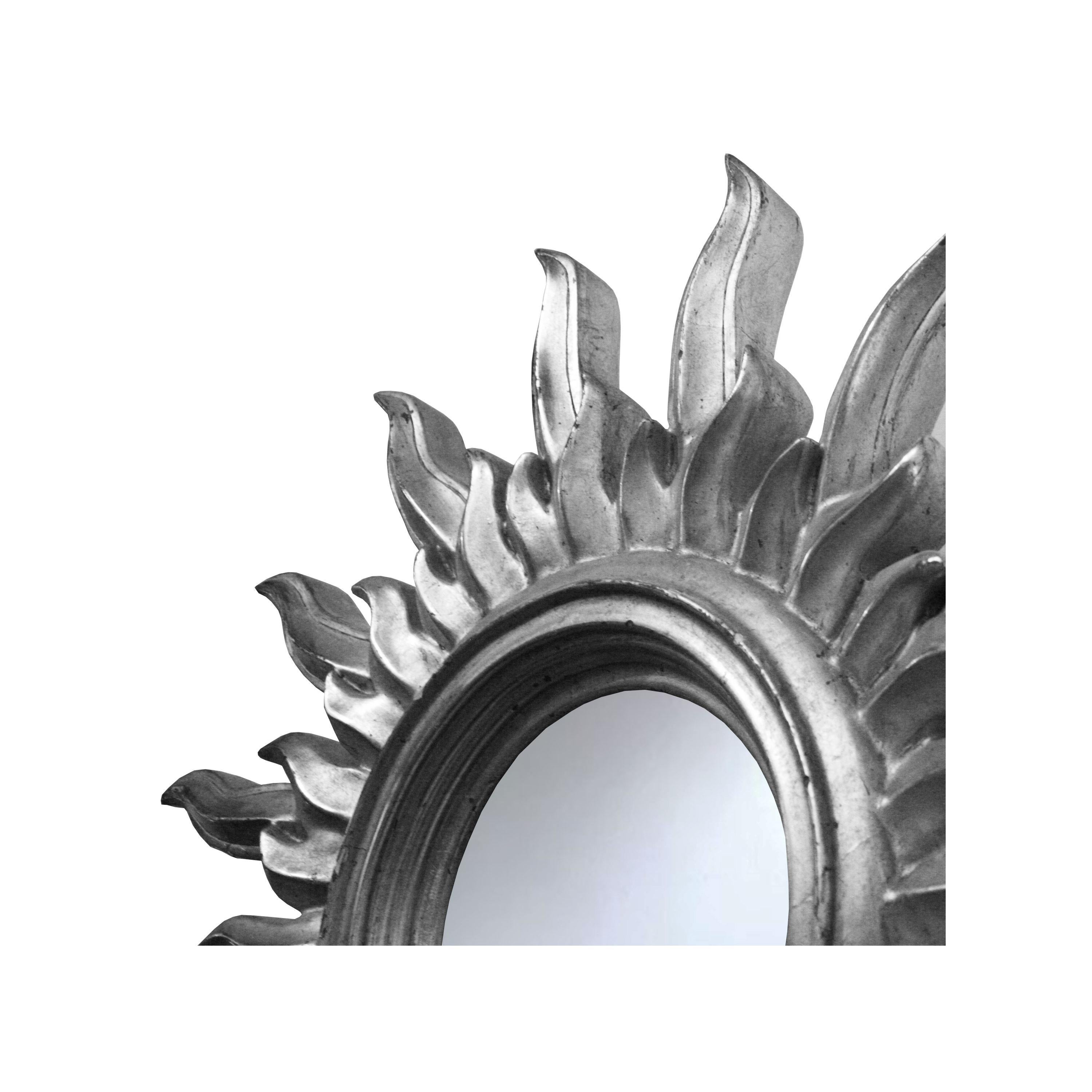 Carved Mid-Century Sun Silver Wood French Mirror, 1960 For Sale