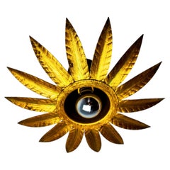 Midcentury Sunburst Floral Flush Mount Light Fixture, Gilt Iron, Spain, 1960's