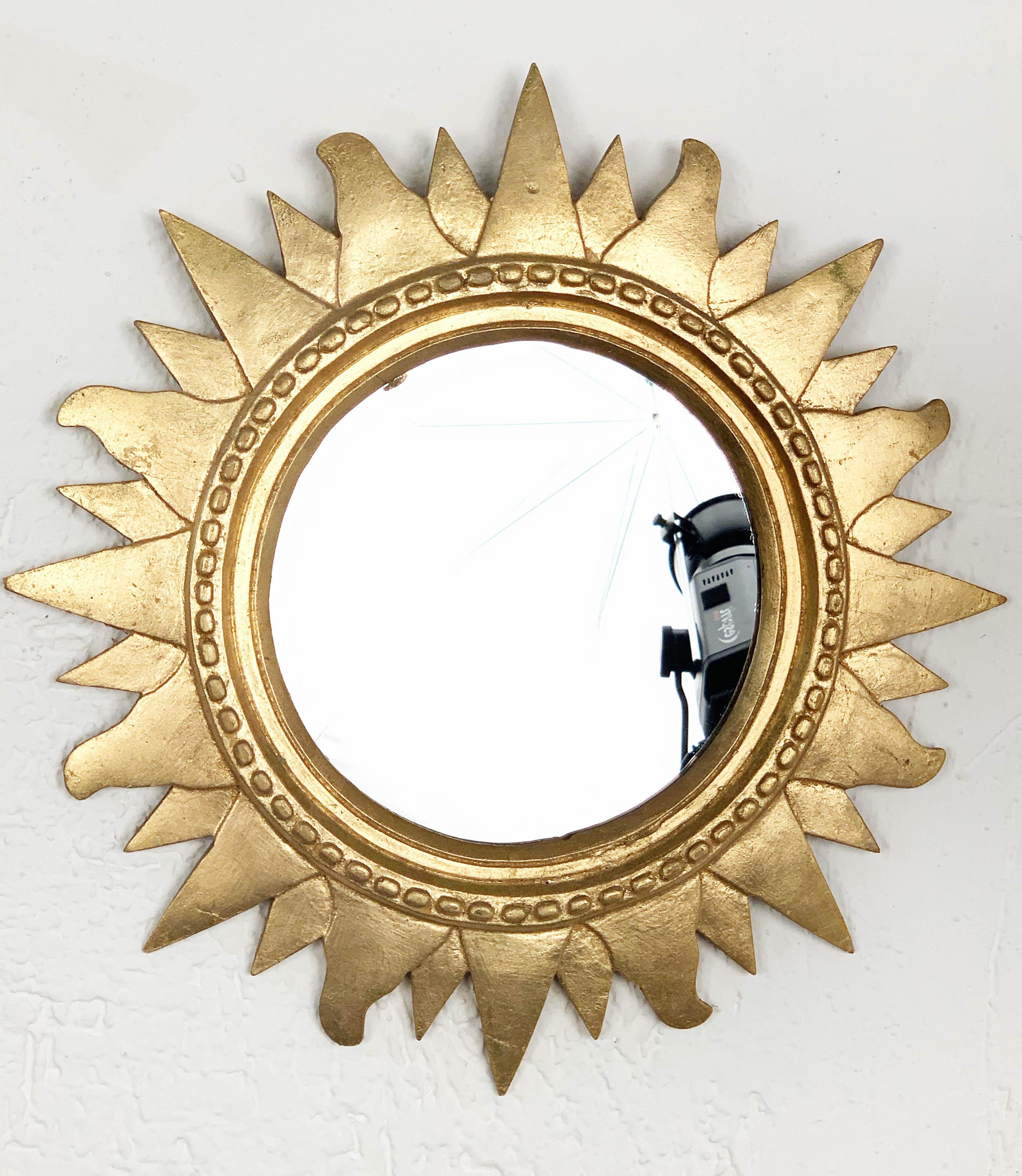 20th Century Midcentury Sunburst Gilded Plastic Round Italian Wall Mirror, 1970s For Sale