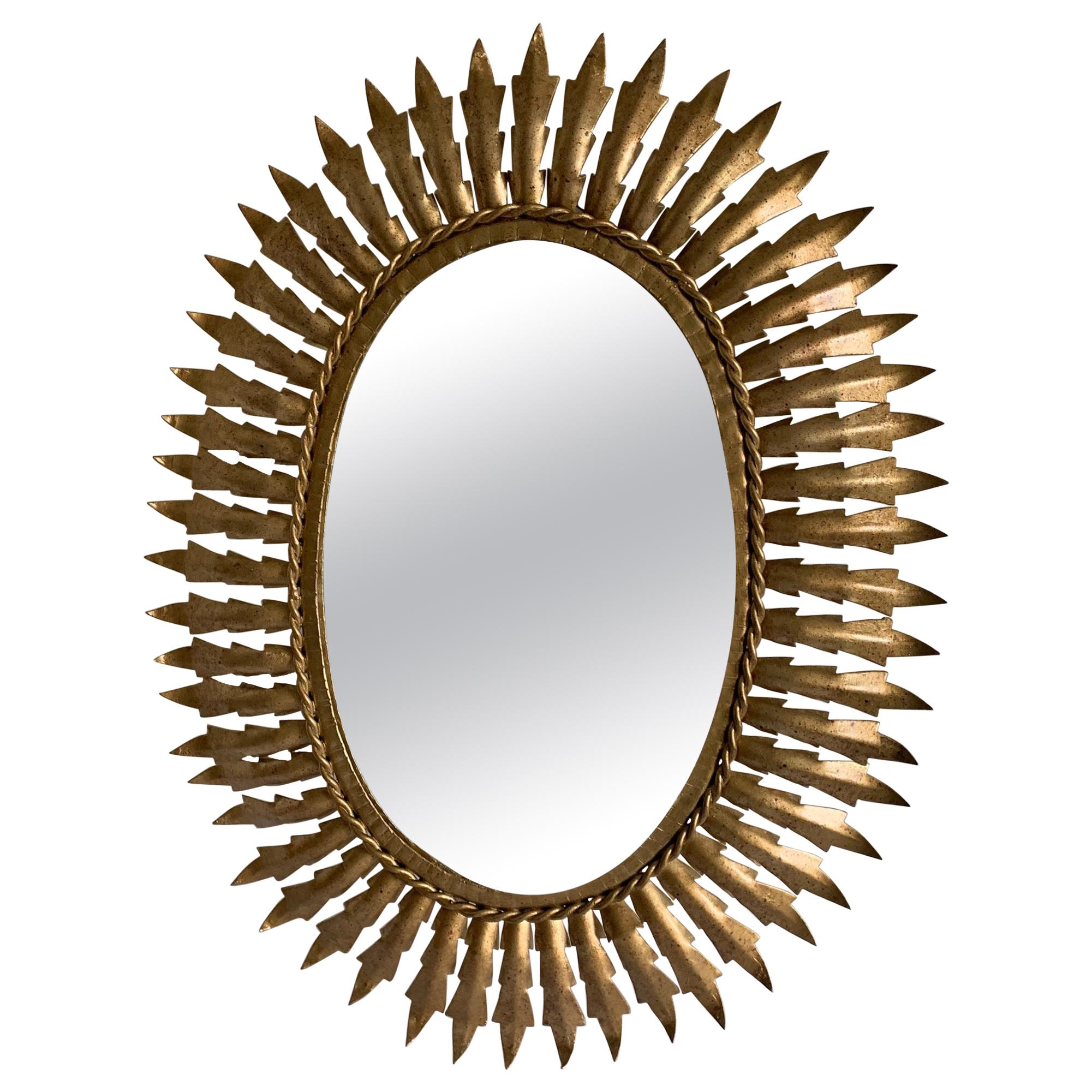 Midcentury Sunburst Gilt Metal Oval Mirror