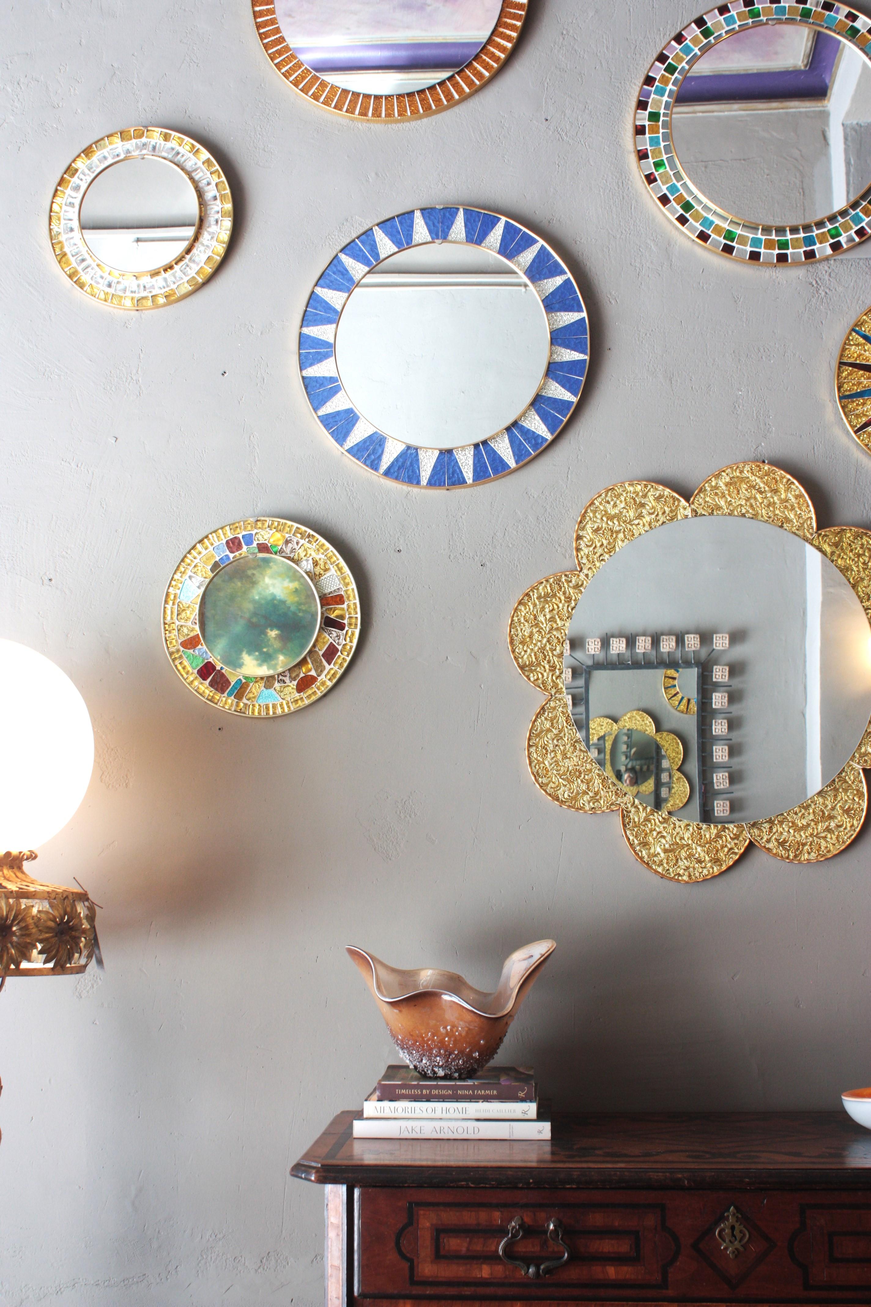 Midcentury Sunburst Glass Mosaic Round Wall Mirror, Red, Blue & Golden Glasses For Sale 4