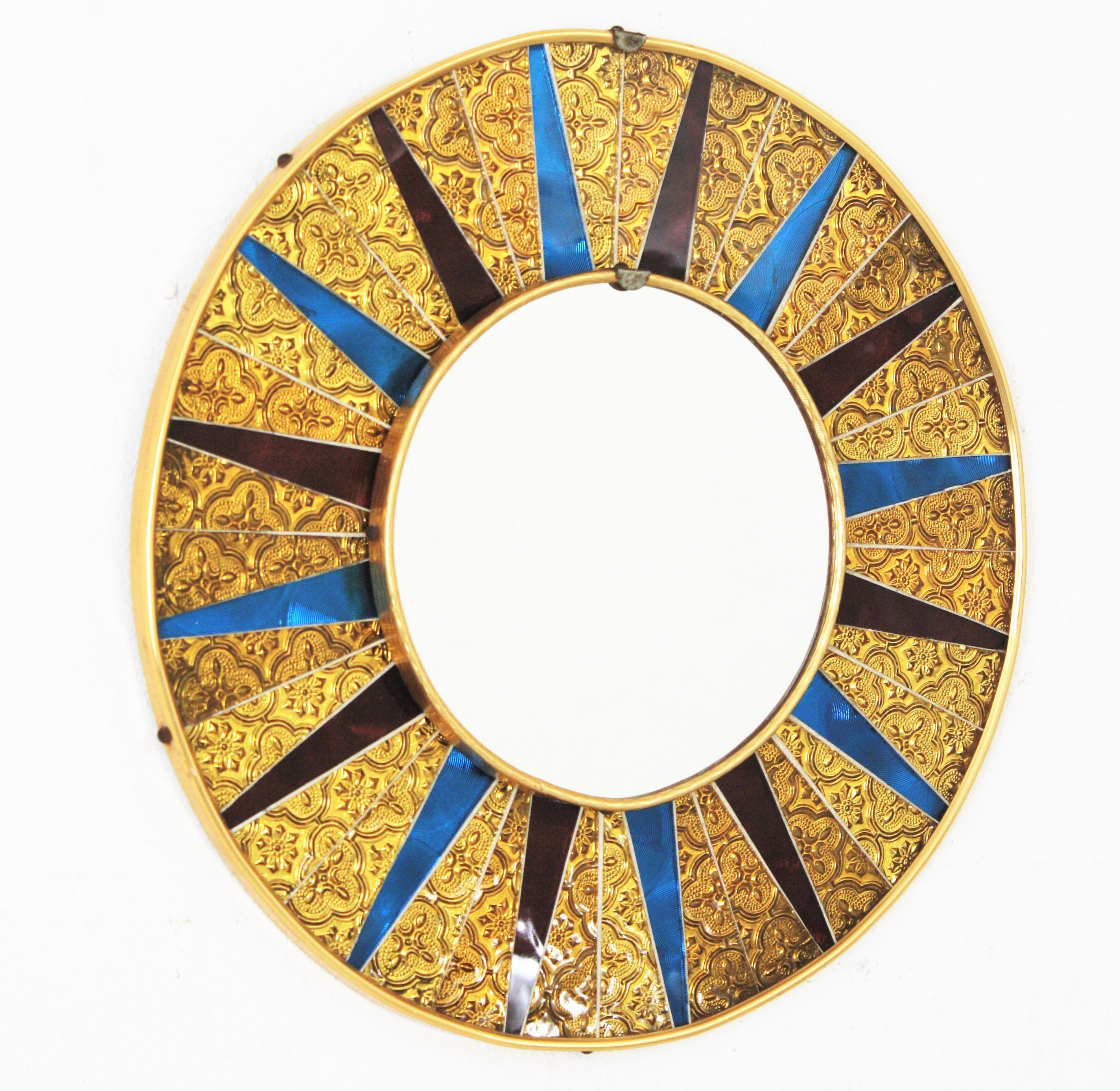 Spanish Midcentury Sunburst Glass Mosaic Round Wall Mirror, Red, Blue & Golden Glasses For Sale