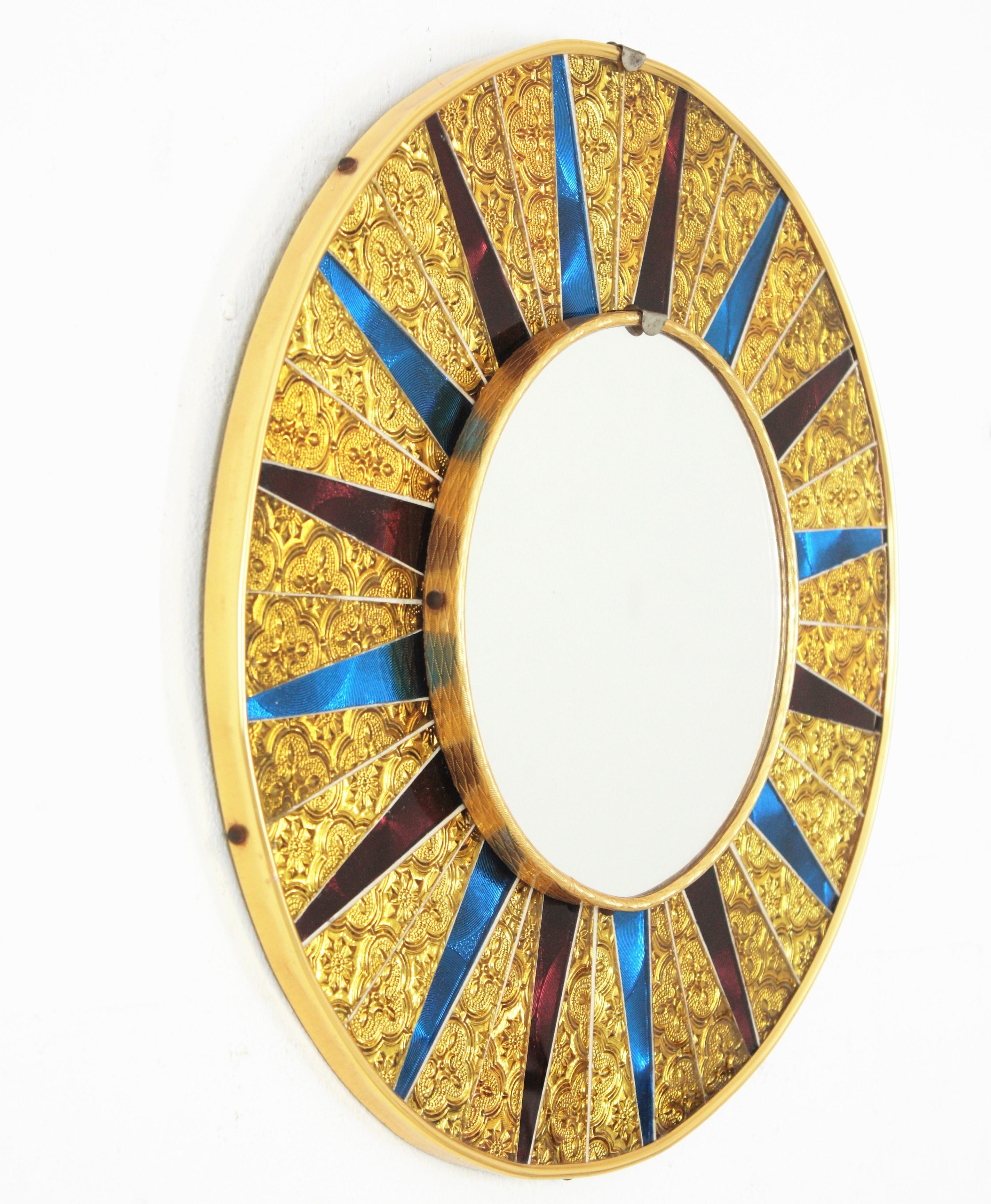 Hand-Crafted Midcentury Sunburst Glass Mosaic Round Wall Mirror, Red, Blue & Golden Glasses For Sale