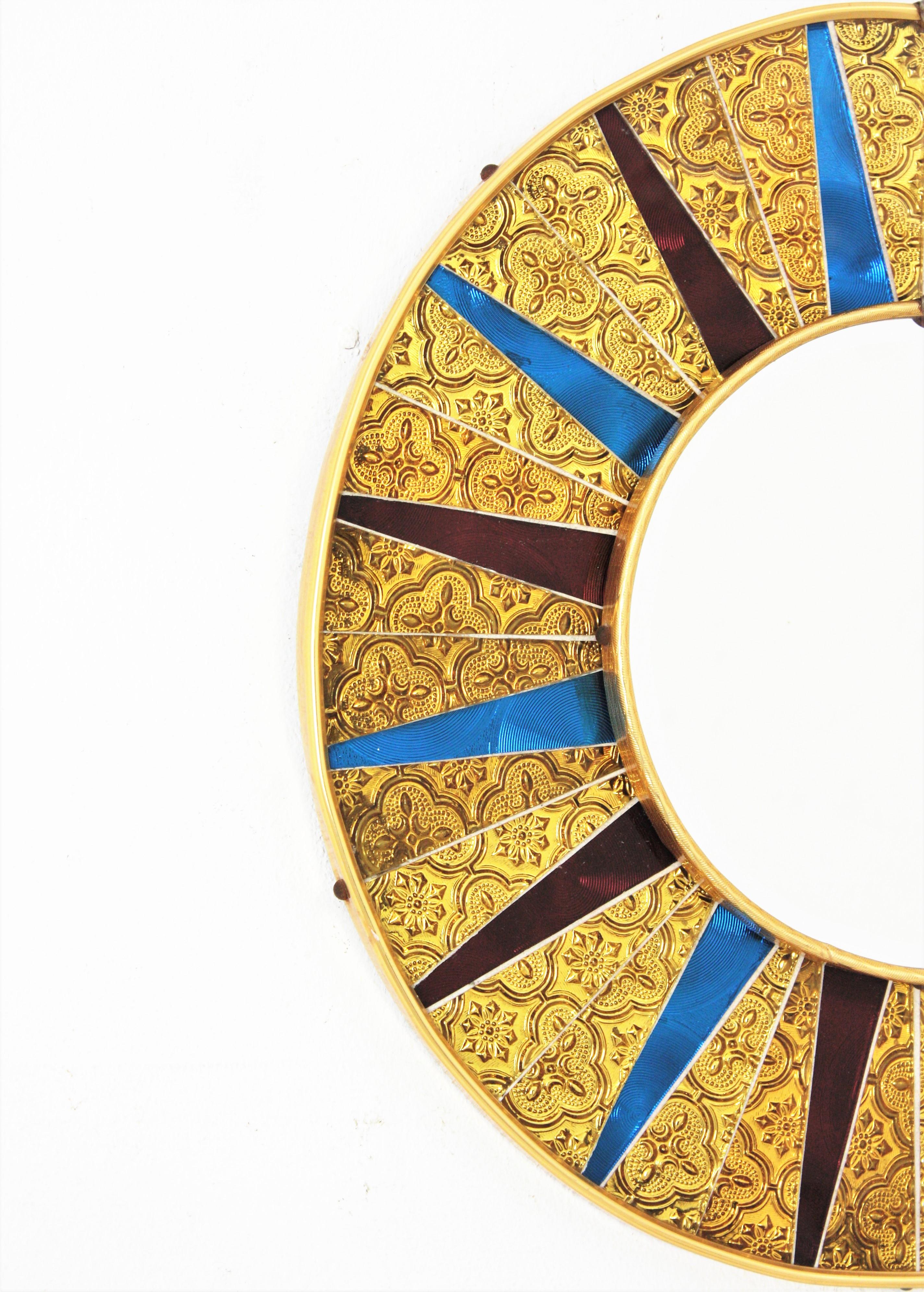 Hand-Crafted Midcentury Sunburst Glass Mosaic Round Mirror For Sale
