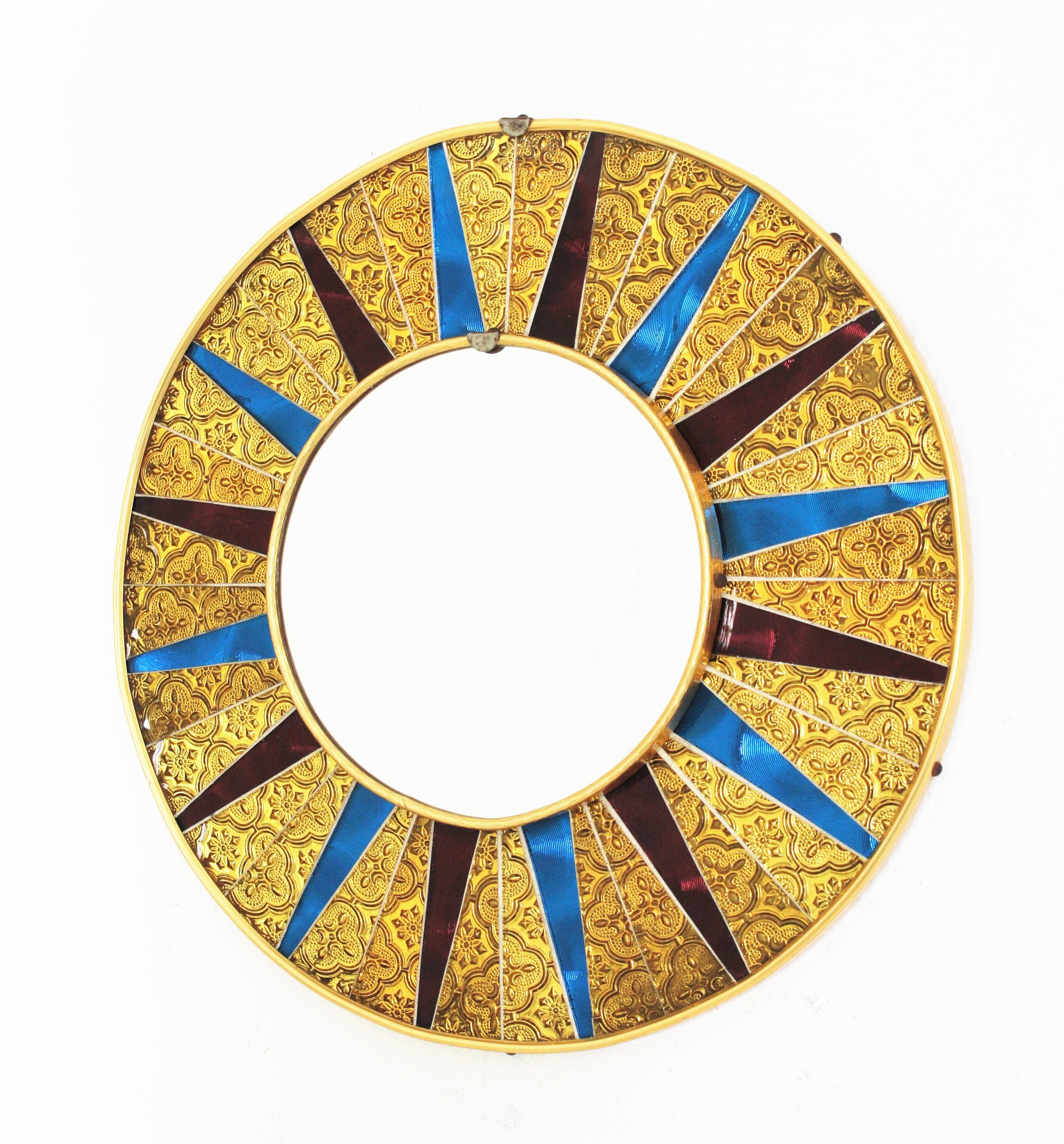 20th Century Midcentury Sunburst Glass Mosaic Round Mirror For Sale