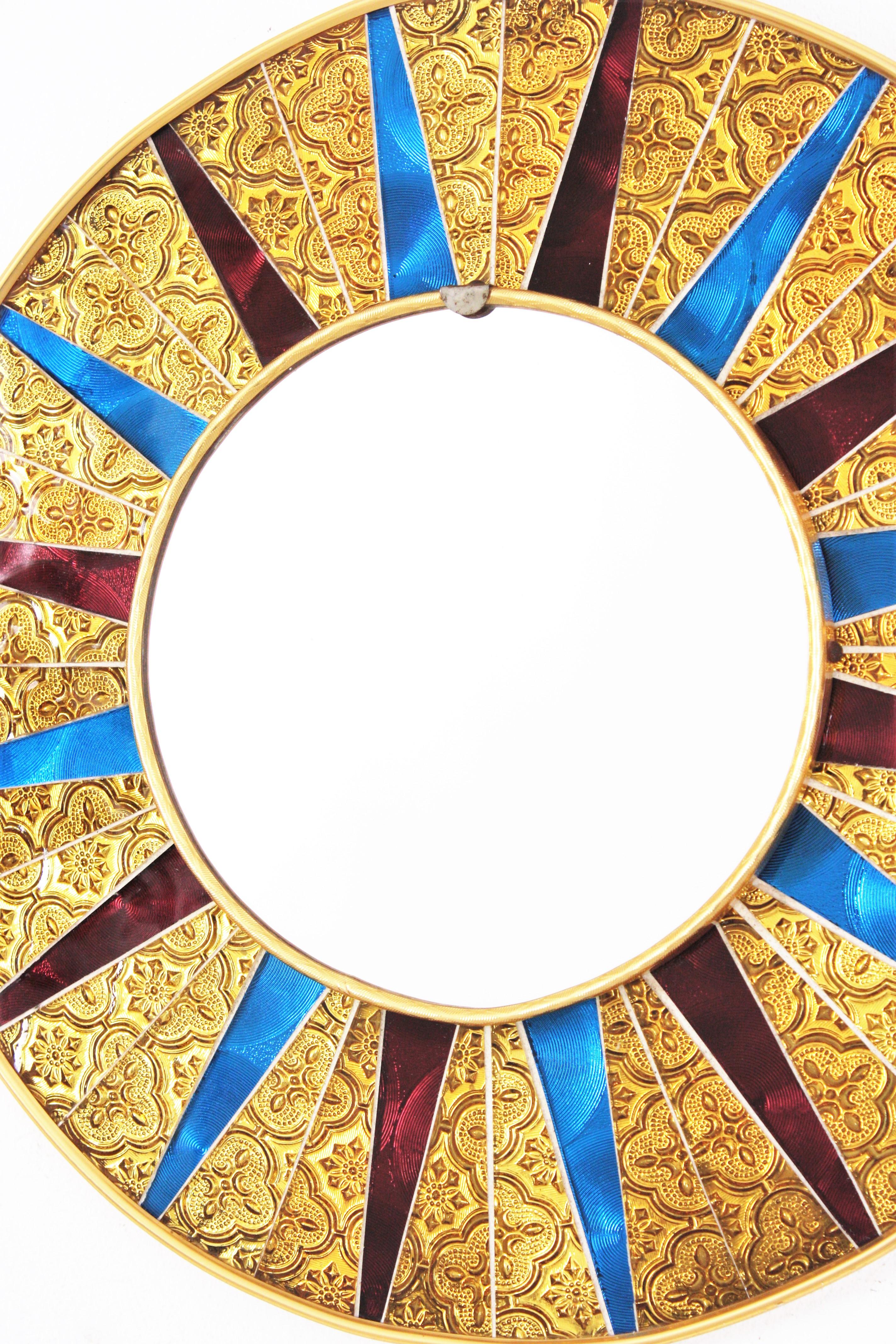 Art Glass Midcentury Sunburst Glass Mosaic Round Mirror For Sale