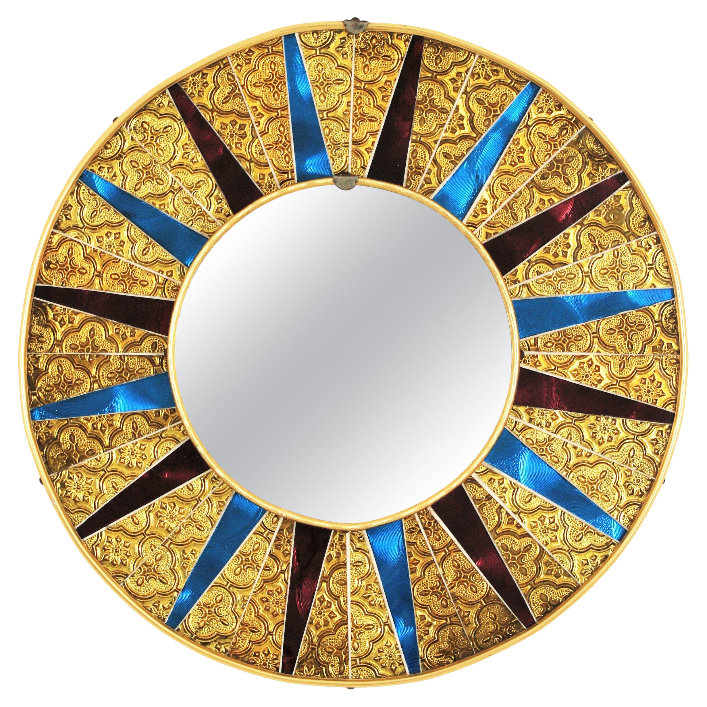Specchio da parete rotondo con mosaico di vetro a raggiera del Medioevo, vetri rossi, blu e dorati