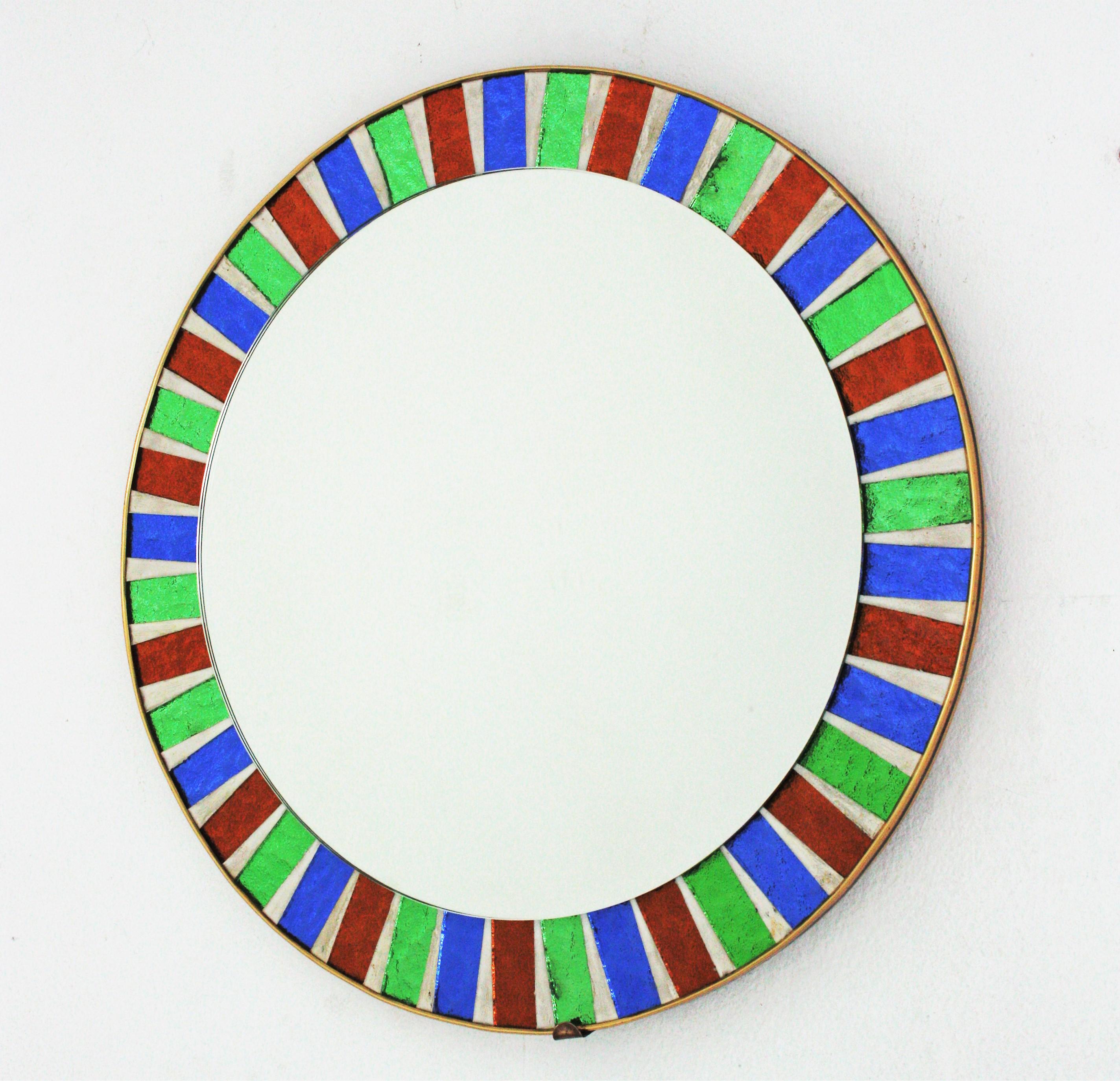 Round Sunburst Mirror with Multi Color Glass Mosaic Frame For Sale 1