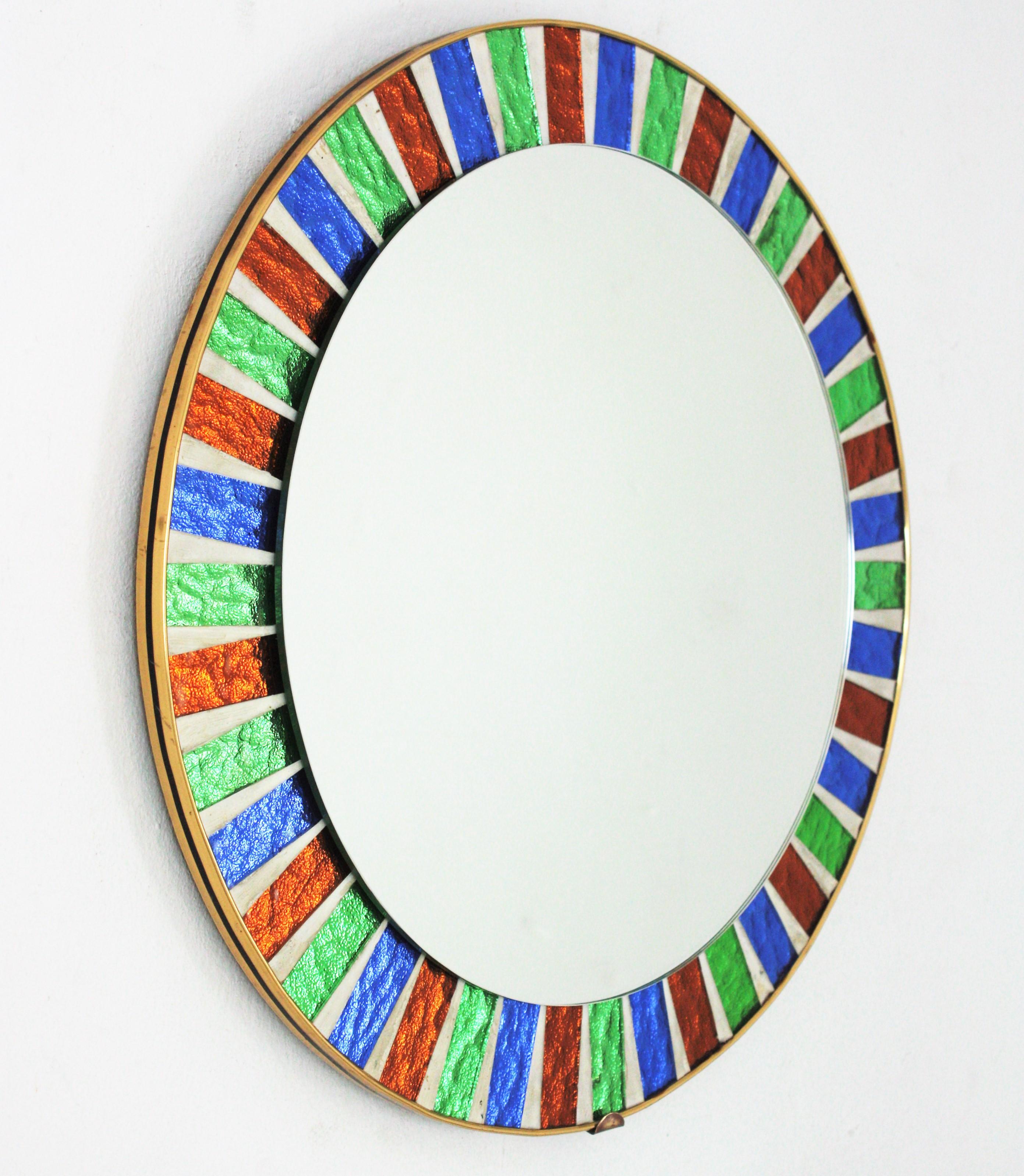 Mid-Century Modern Round Sunburst Mirror with Multi Color Glass Mosaic Frame For Sale