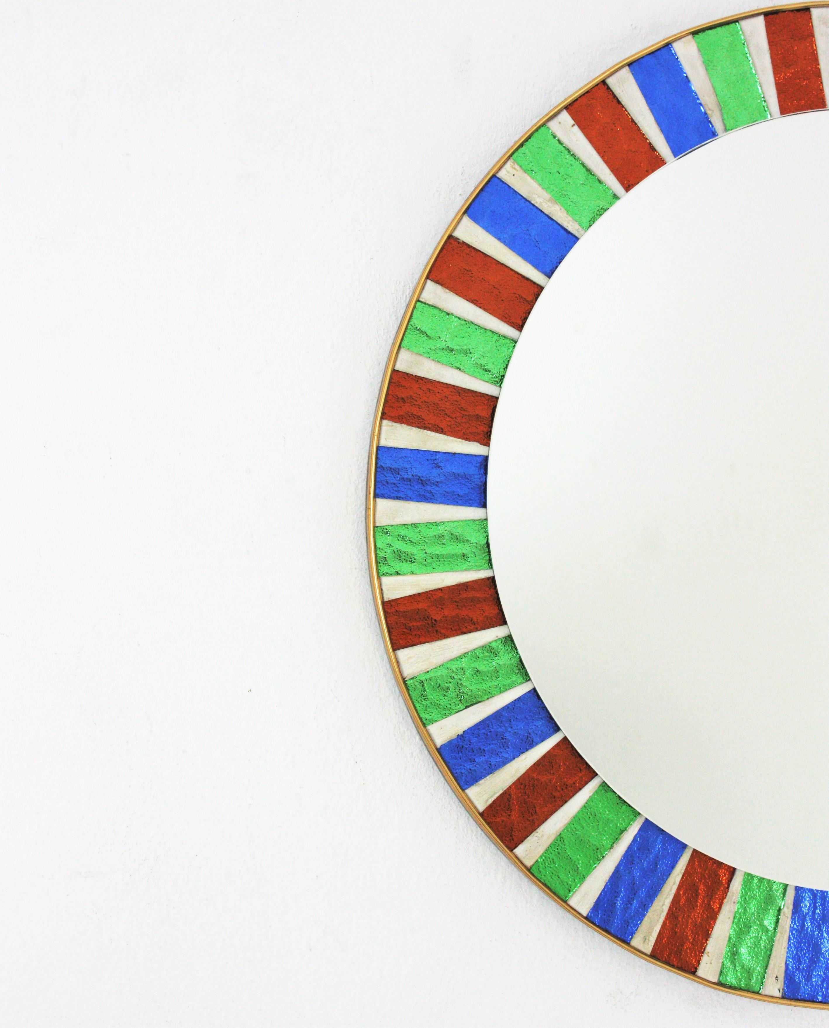 Spanish Round Sunburst Mirror with Multi Color Glass Mosaic Frame For Sale