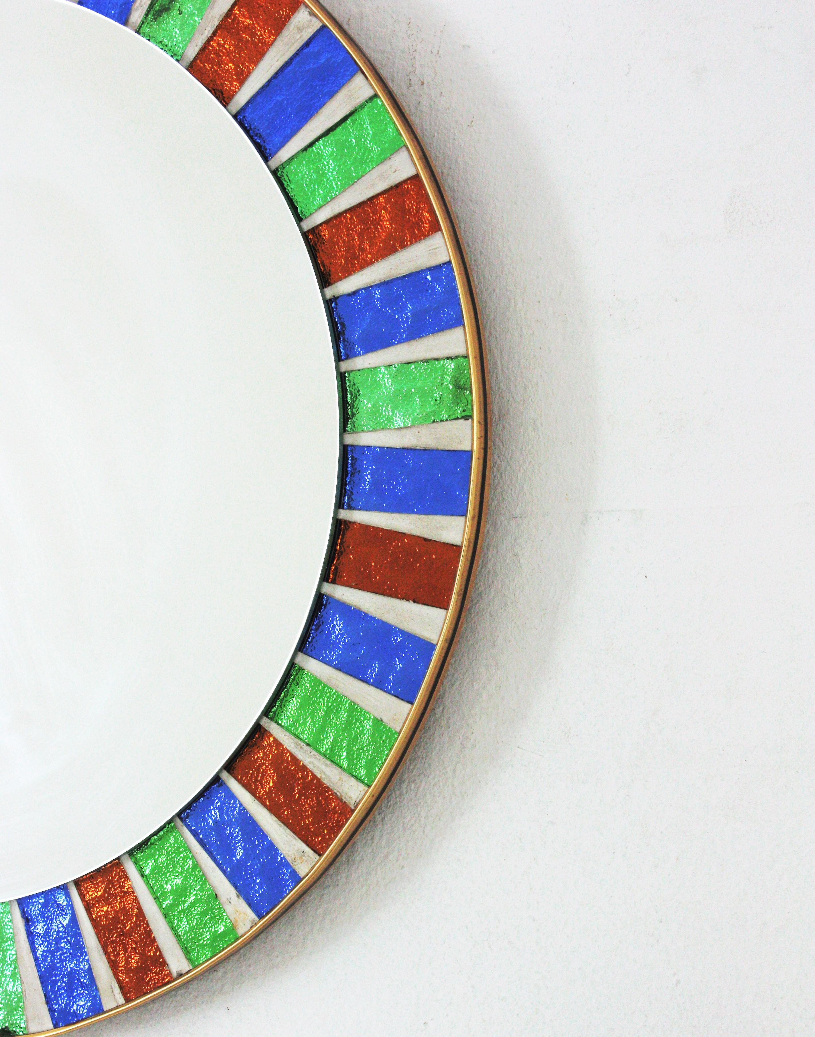 Art Glass Round Sunburst Mirror with Multi Color Glass Mosaic Frame For Sale