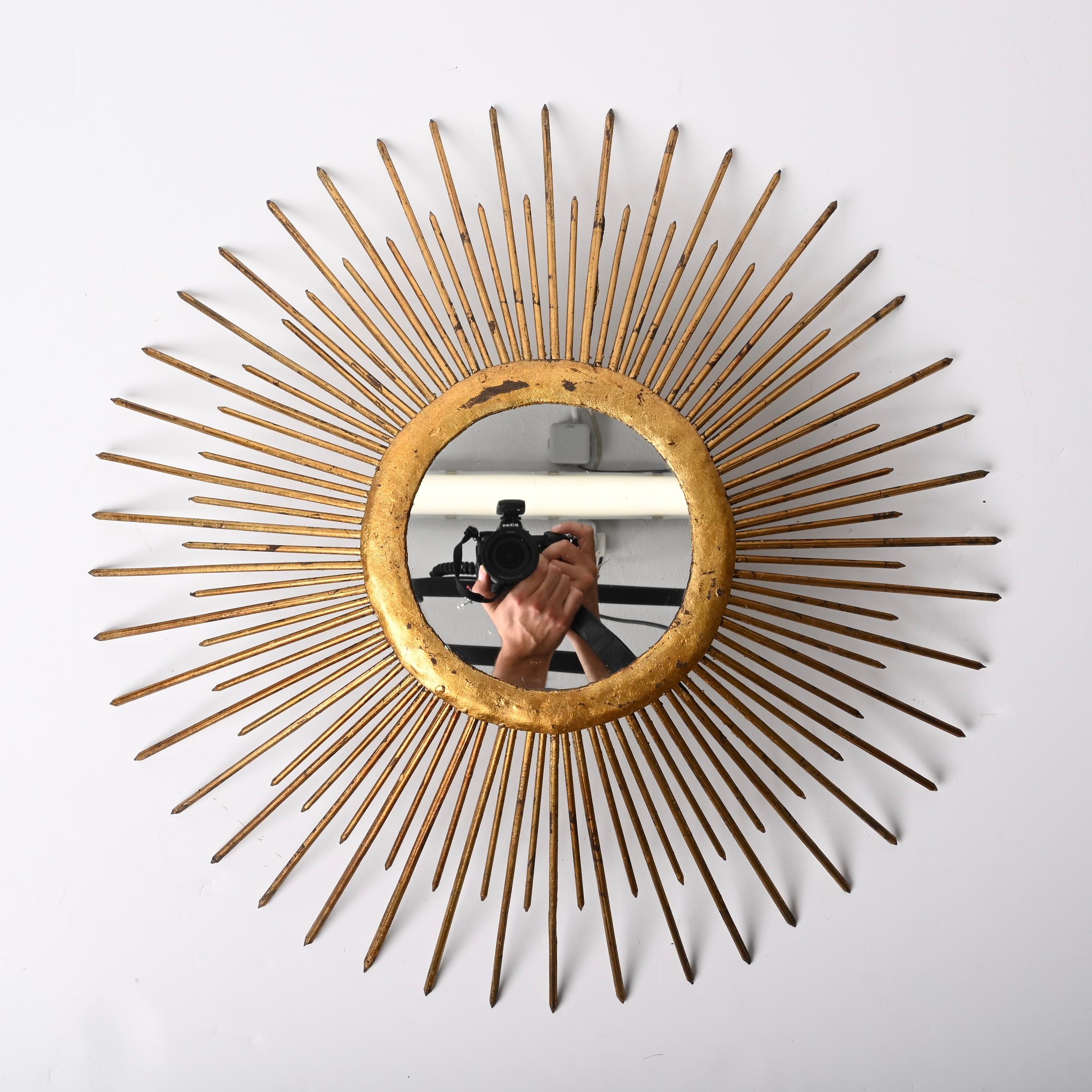 Midcentury Sunburst Mirror in Gilded Iron with Lighting, Italy, 1960s For Sale 5