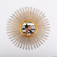 Midcentury Sunburst Mirror in Gilded Iron with Lighting, Italy, 1960s