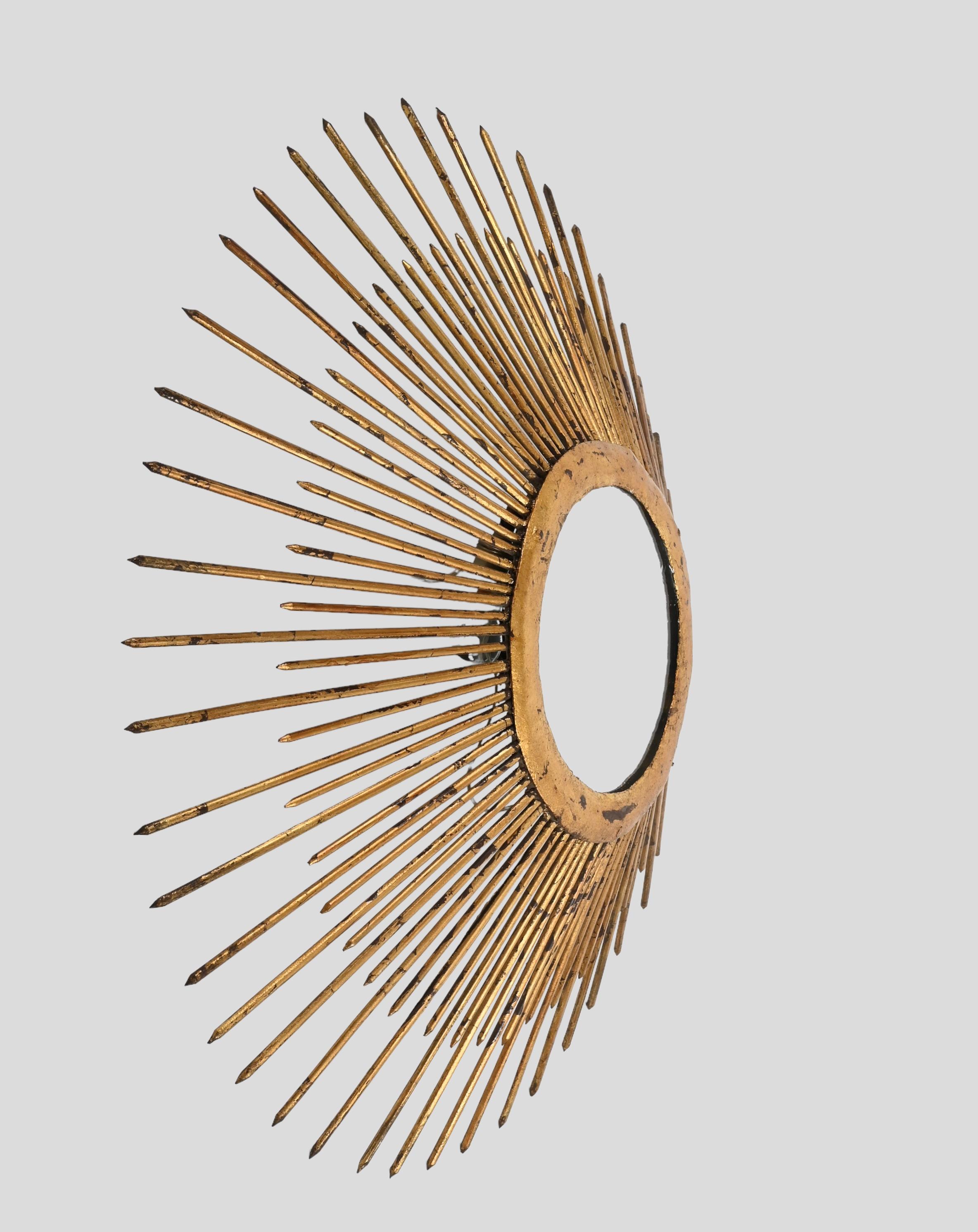 Metal Midcentury Sunburst Mirror in Gilded Iron with Lighting, Italy, 1960s For Sale