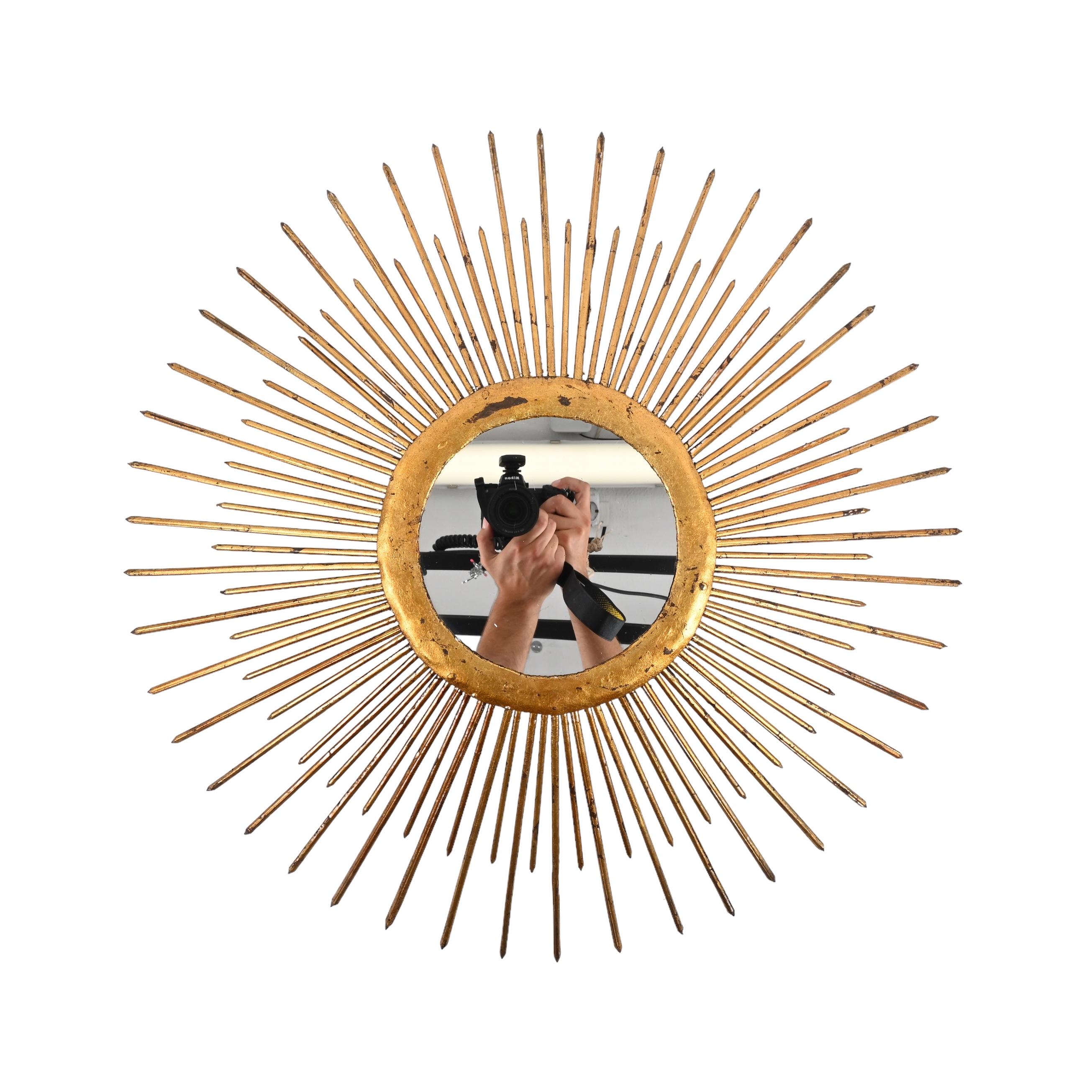 Midcentury Sunburst Mirror in Gilded Iron with Lighting, Italy, 1960s For Sale 2