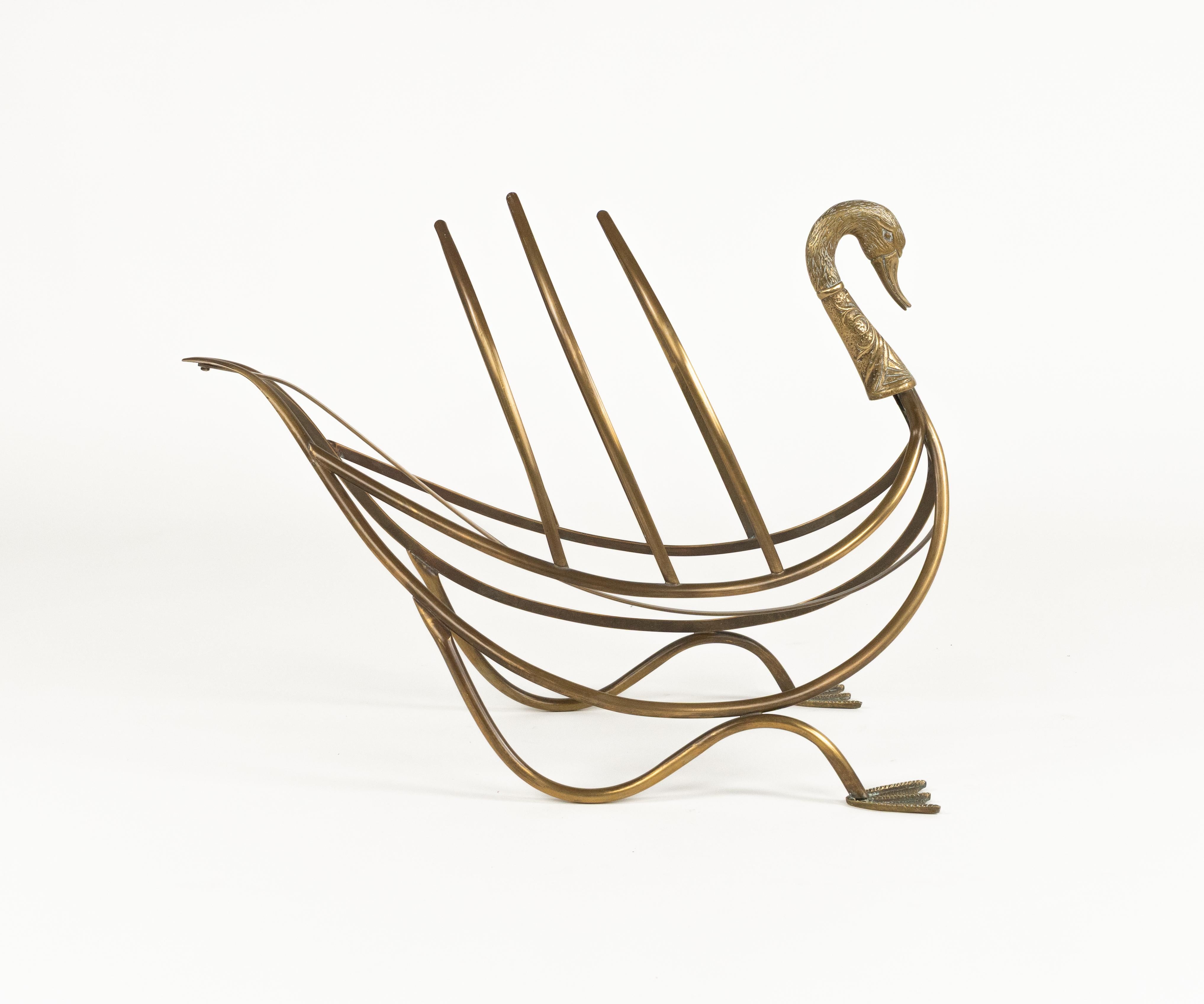 Metal Midcentury Swan Shaped Magazine Rack in Brass Attributed to Maison Jansen, 1960s For Sale