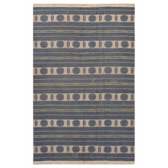 Midcentury Swedish Beige, Blue and Green Double Sided Flat-Woven Wool Rug