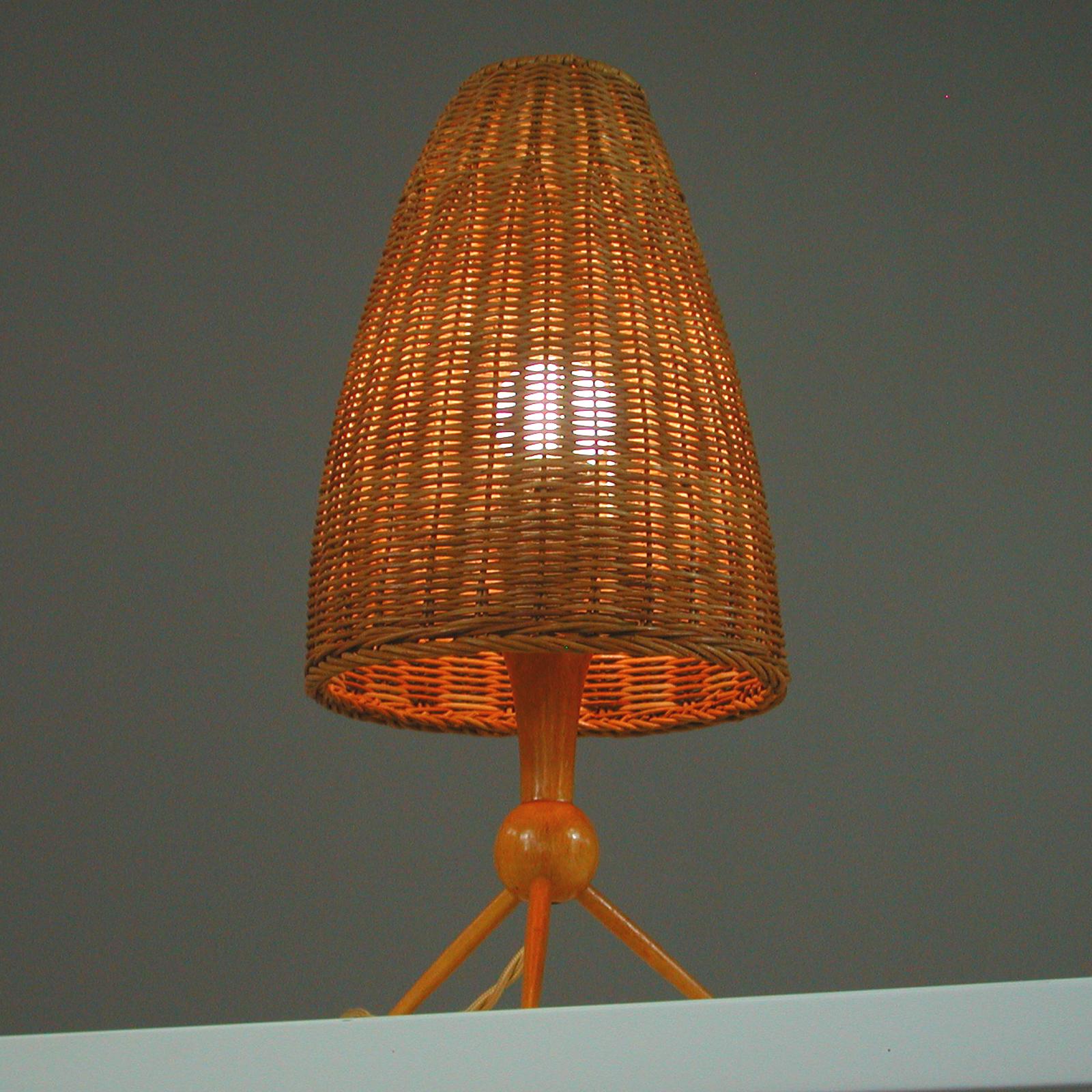 Rattan Mid-Century Swedish Birch and Wicker Table Lamp, 1950s