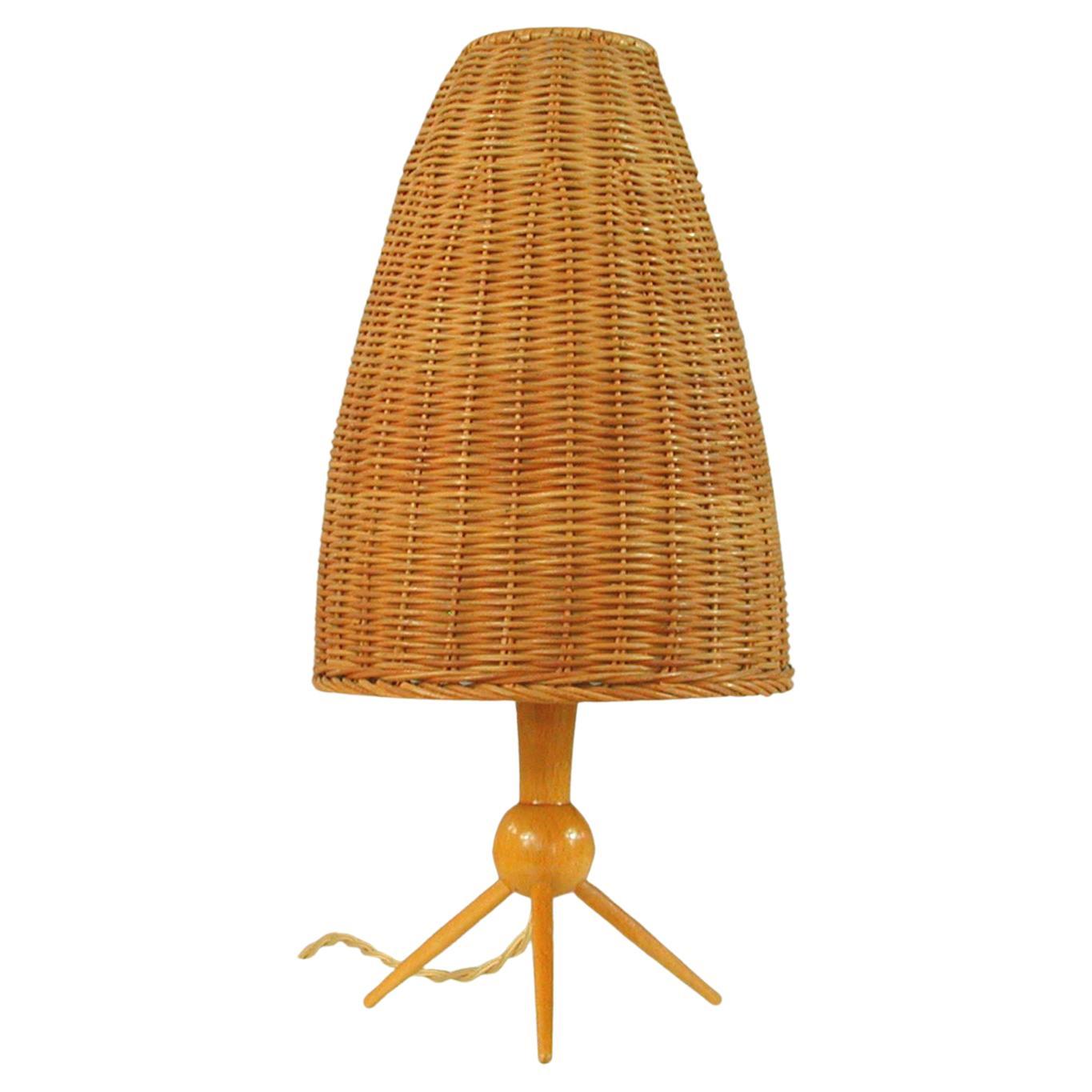 Mid-Century Swedish Birch and Wicker Table Lamp, 1950s