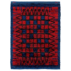 Mid-20th century Swedish Blue and Red Pile Rya Rug Signed “KH GR”