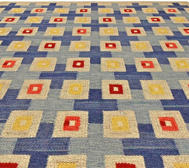 Mid-Century Modern Midcentury Swedish Blue, Red, Yellow and Beige Flat-Woven Wool Rug For Sale