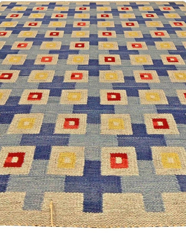 Hand-Woven Midcentury Swedish Blue, Red, Yellow and Beige Flat-Woven Wool Rug For Sale